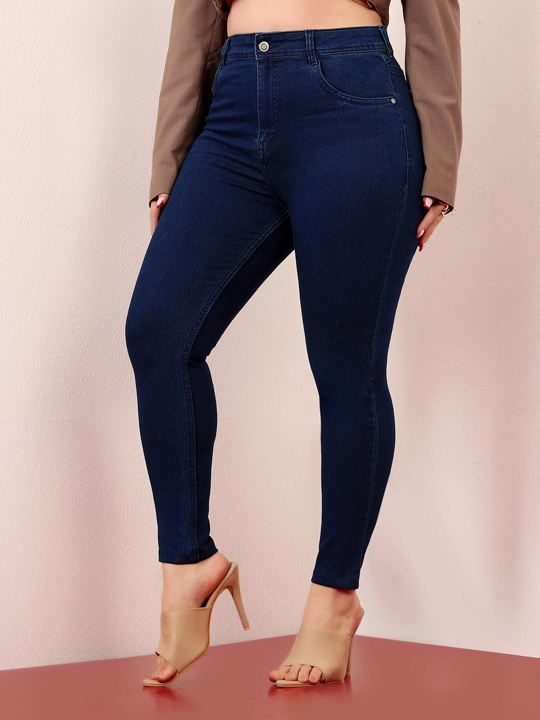 Women's Navy Blue Skinny-Fit High-Rise Cropped-Length Stretchable Denim Jeans
