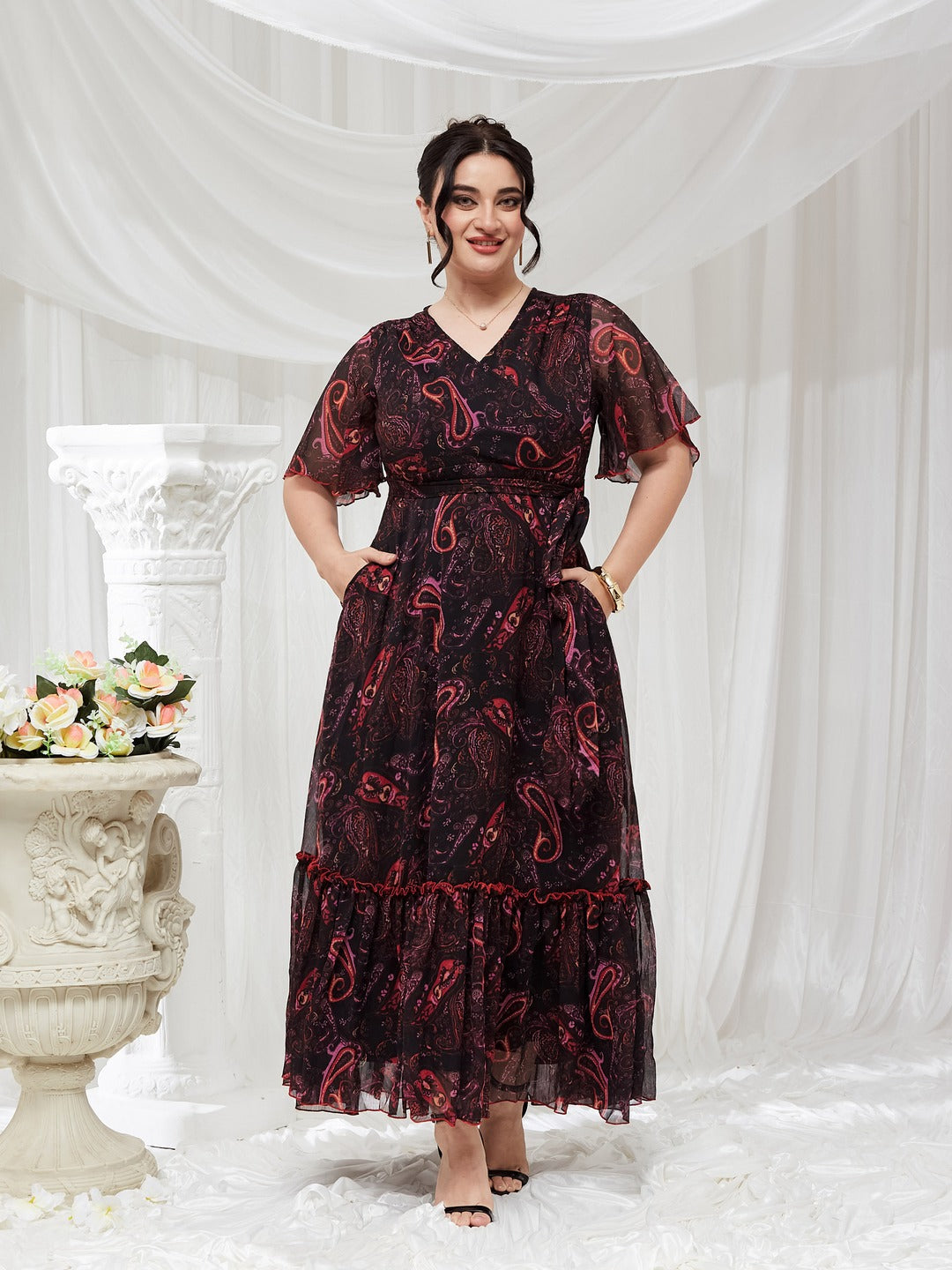 Black Bohemian V-Neck Flutter Sleeve Chiffon Relaxed Fit Wrap Maxi Dress for Women