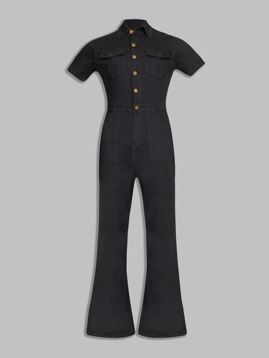 Women's Black Flared High-Rise Stretchable Denim Jumpsuit