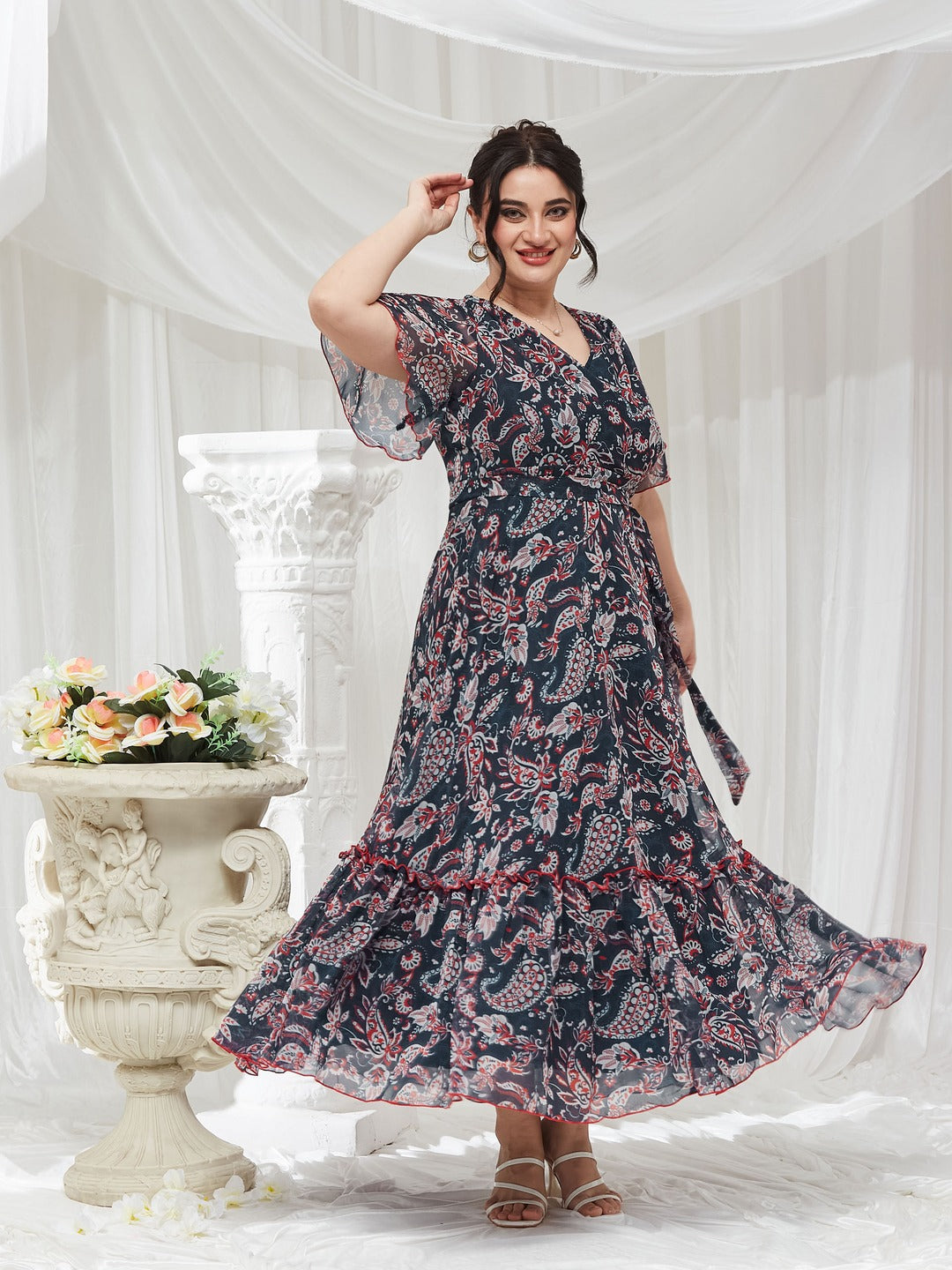 Navy Floral Wrap Chiffon Maxi Dress with Flutter Sleeves and Frilled Hem for Women