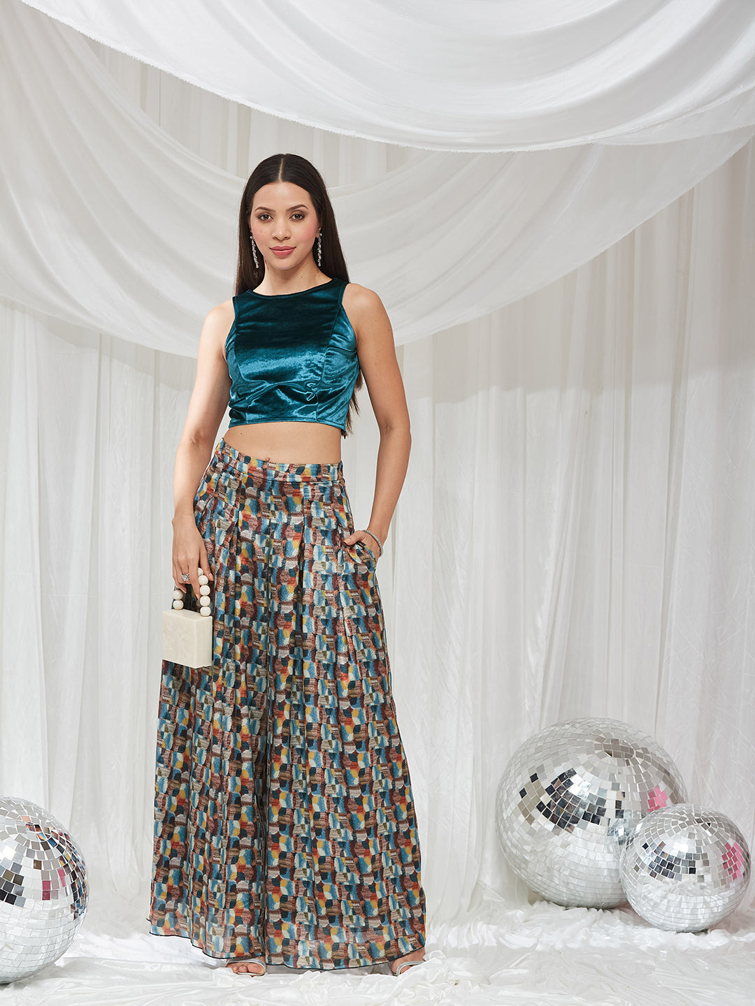 Teal Boat Neck Sleeveless Abstract Pleated Regular-Length Polyester Co-Ord Set for Women