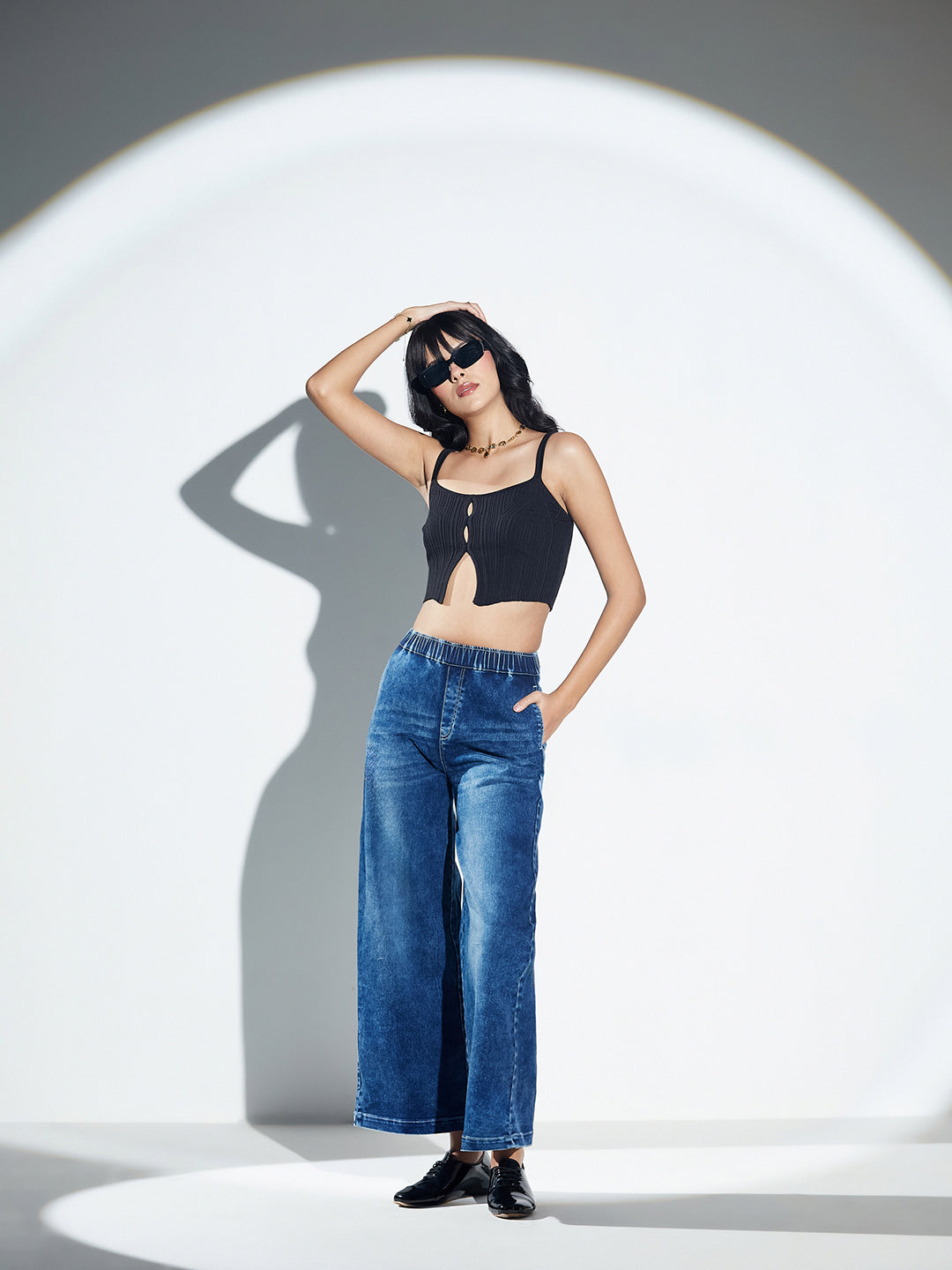 Navy Blue Wide Leg High-Rise Elasticated Waist Heavy Wash Stretchable Denim Jeans For Women
