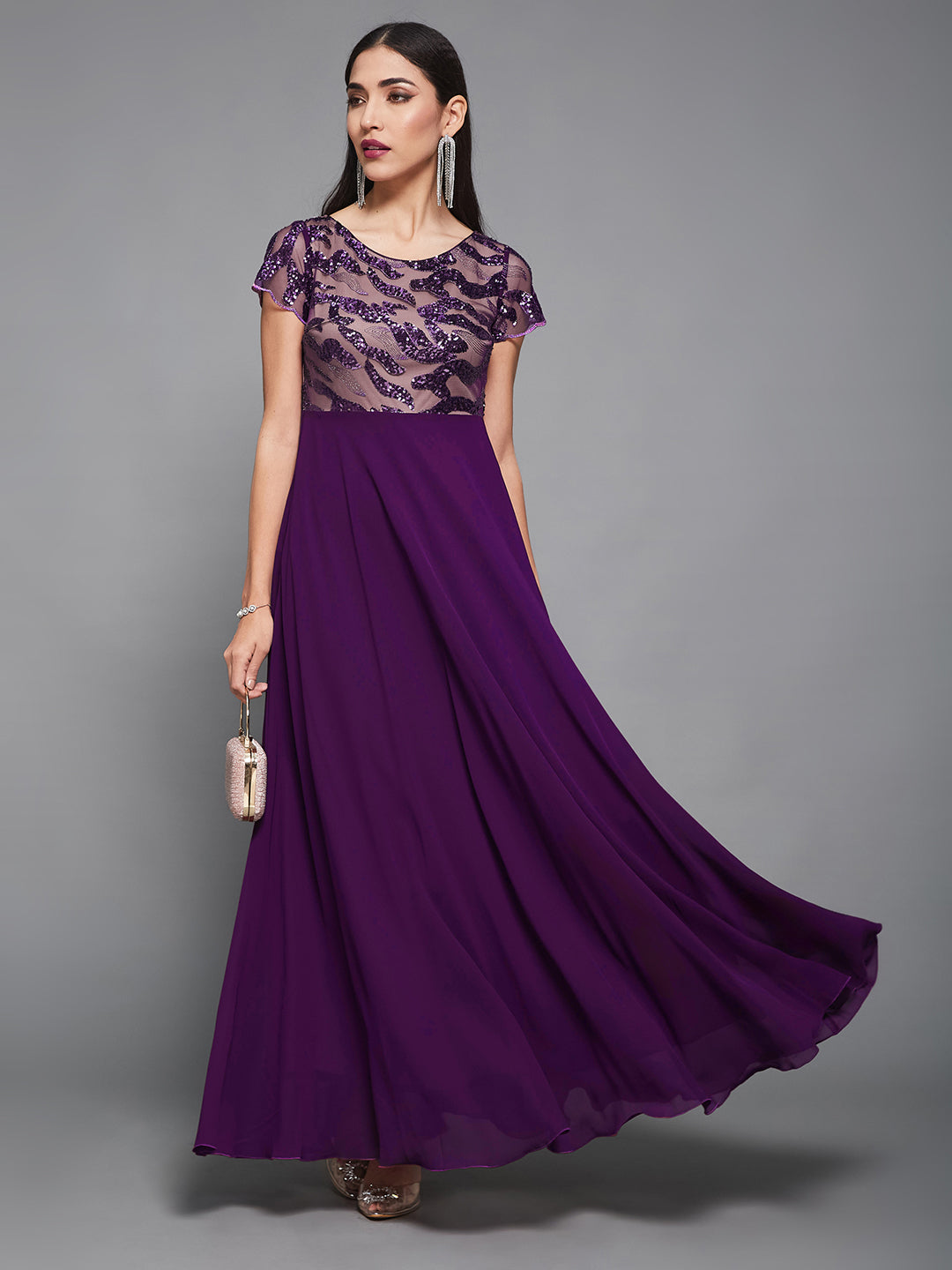 Dark Purple Round Neck Short Sleeve Embellished Embellished Maxi  Dress for Women