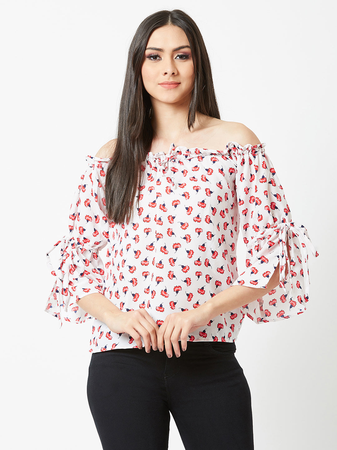 Women's Multicolored Gathered Printed Off-Shoulder 3/4 Sleeve Printed Boxy Bardot Top