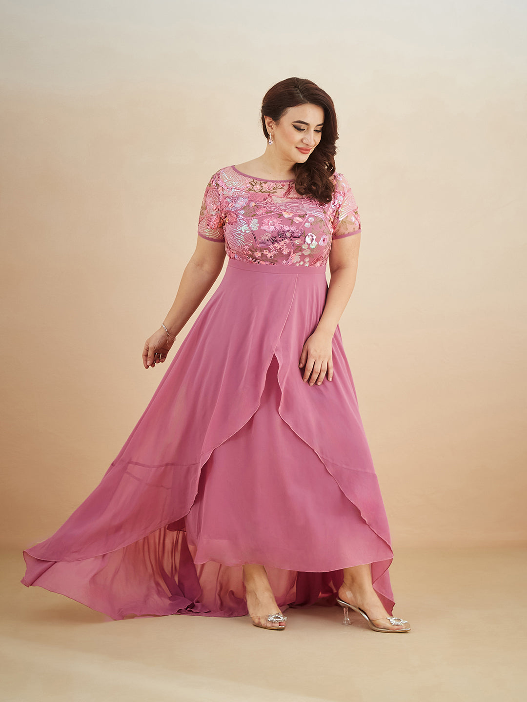 Multicolored-Base-Dusty Lavender Round Neck Short Sleeve Floral Layered Georgette Midi Dress for Women