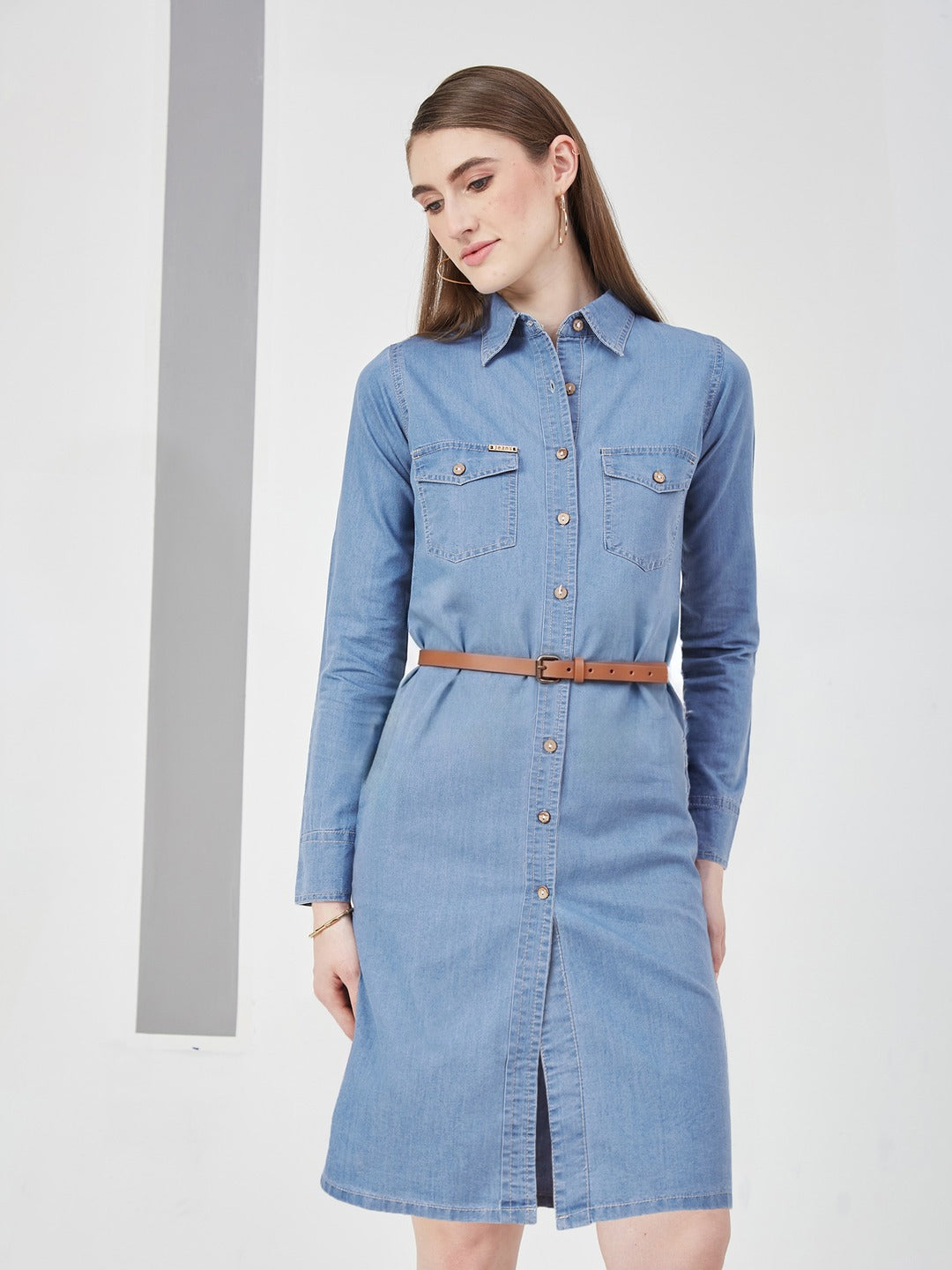 Blue Polo Neck Rolled Up Full Sleeve Denim Solid Buttoned A-Line Mini Dress for Women
