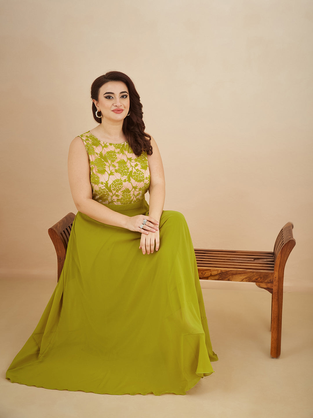 Lemon Green Round Neck Sleeveless Georgette Floral Lace Fit & Flare Maxi Dress for Women — Miss Chase A+