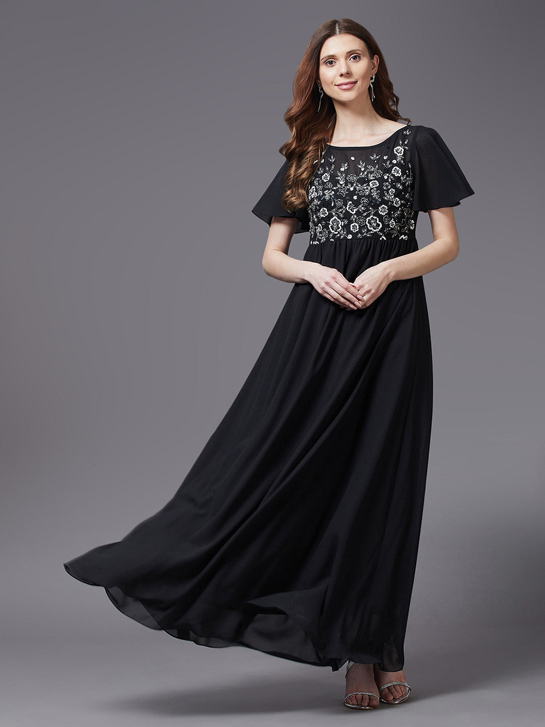 Women's Black Embellished Gathered Maxi Dress