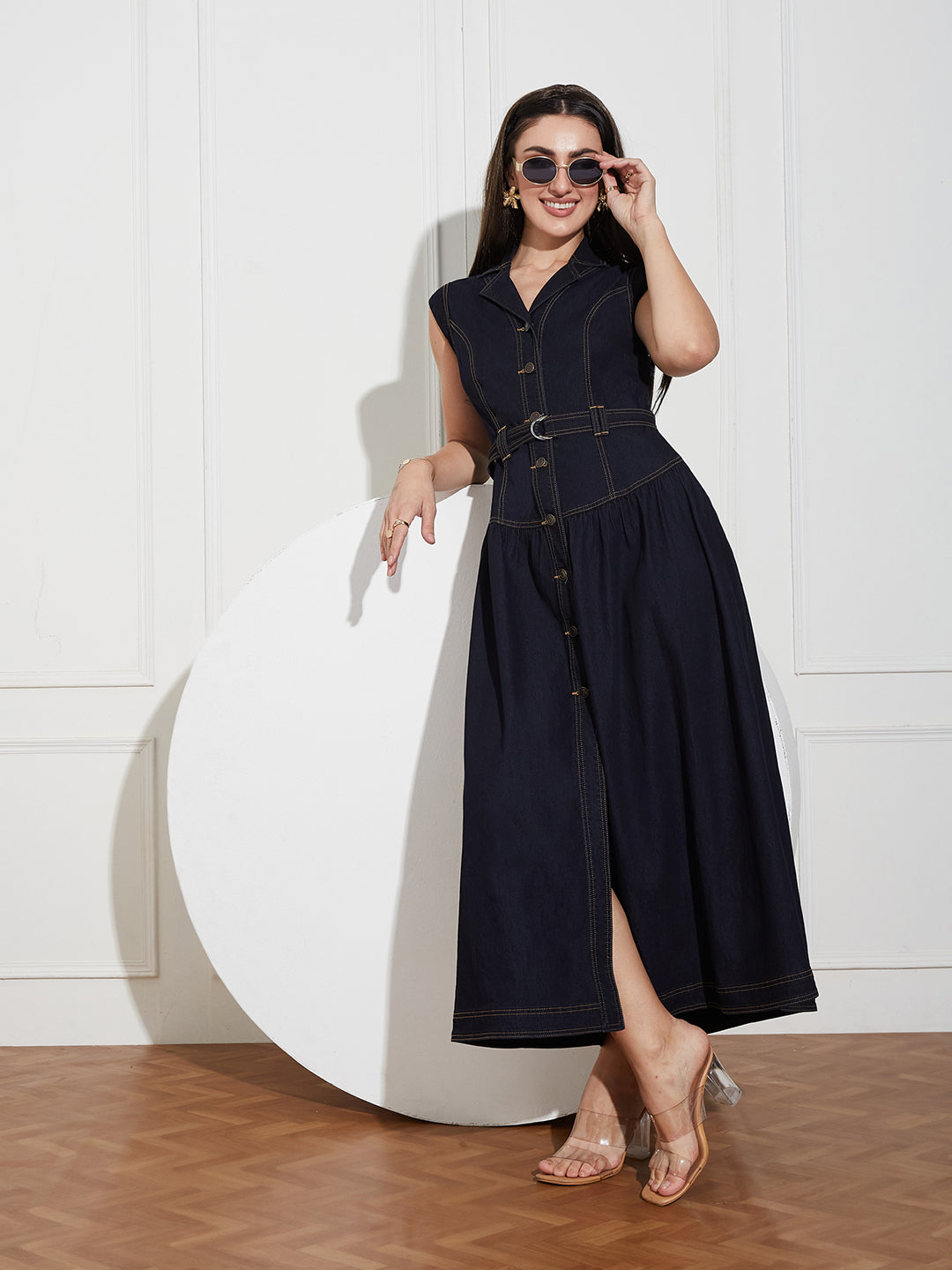 Women's Dark Blue Notched-Collar Sleeveless Solid Drop-Waist Maxi-Length Lightweight Denim Shirt Dress