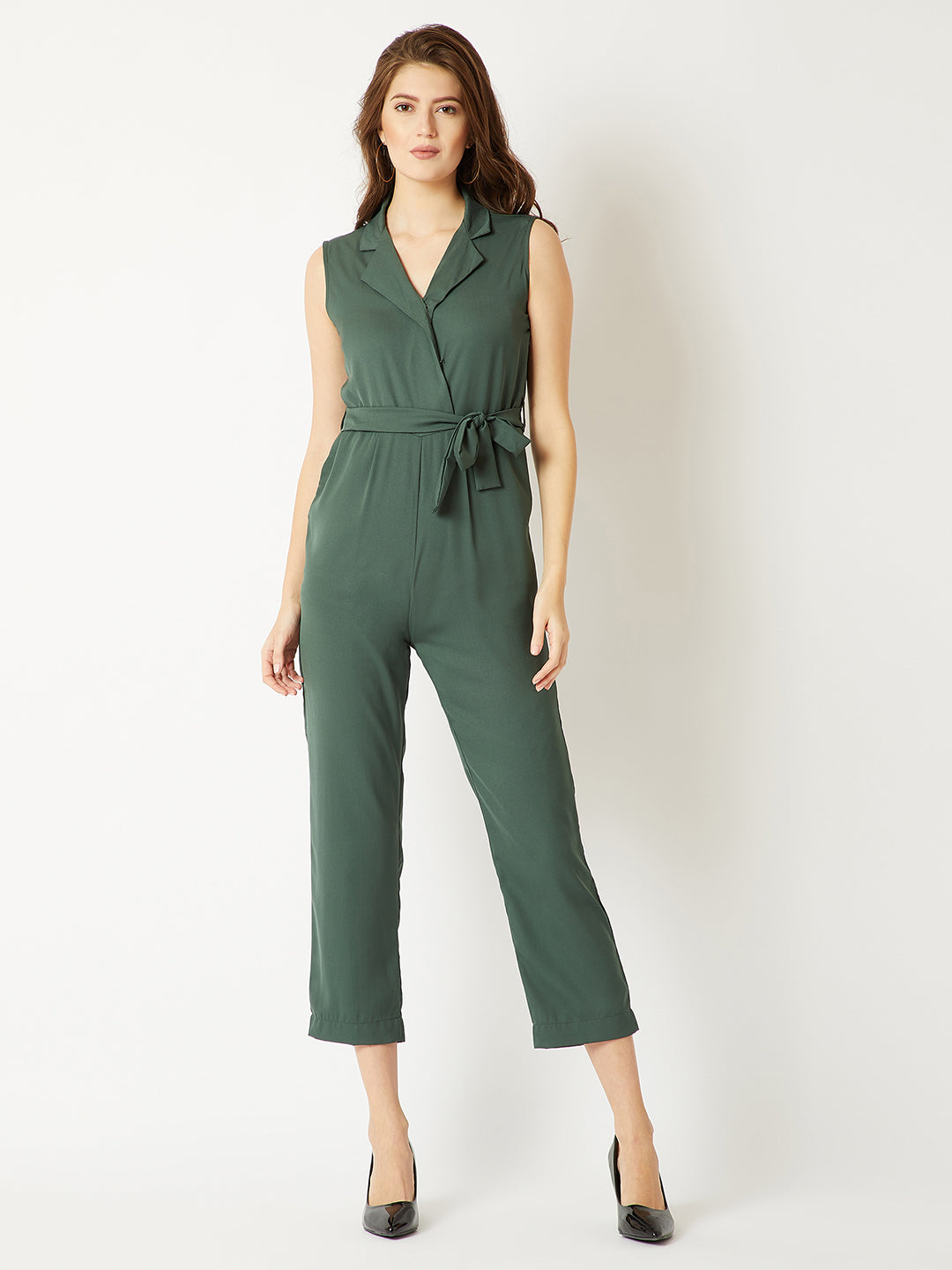 Women's Dark Green V-Neck Sleeveless Straight Leg Tie-Up Solid Belted Wrap Jumpsuit