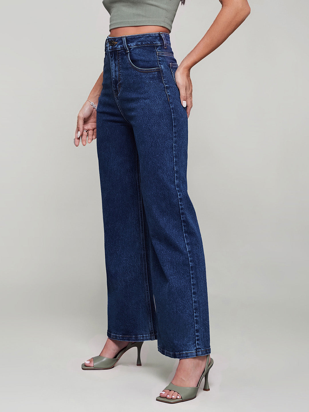 Mid Blue Wide-Leg High-Rise Stretchable Denim Jeans for Women