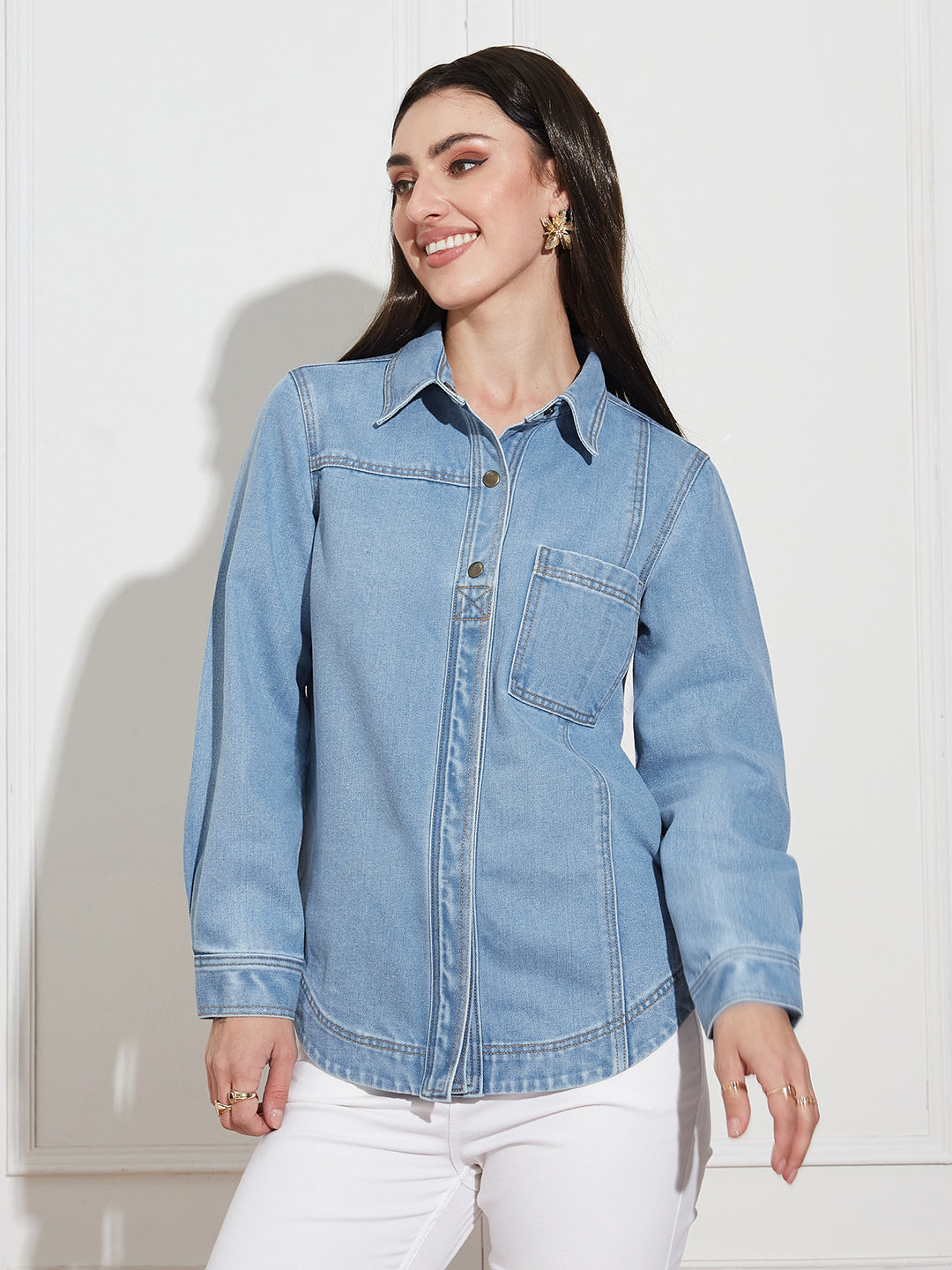 Women’s Light Blue Asymmetric Denim Shirt – Full Sleeves, Relaxed Fit, Collared