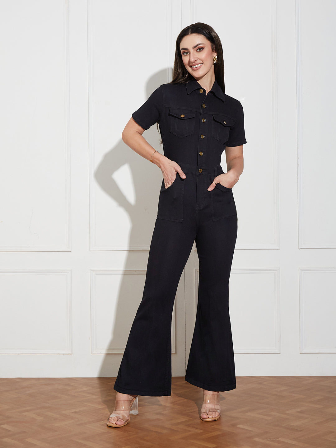 Women's Black Flared High Rise Regular Stretchable Denim Jumpsuit