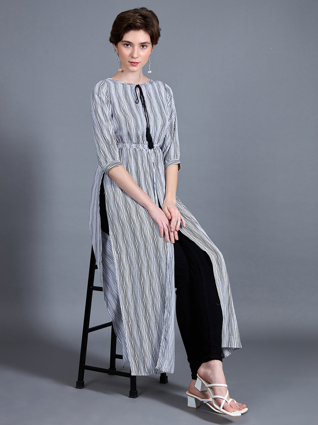 Women's Black & White Round Neck 3/4 Sleeve Striped Tassel Tie-Up Detailing Maxi Top