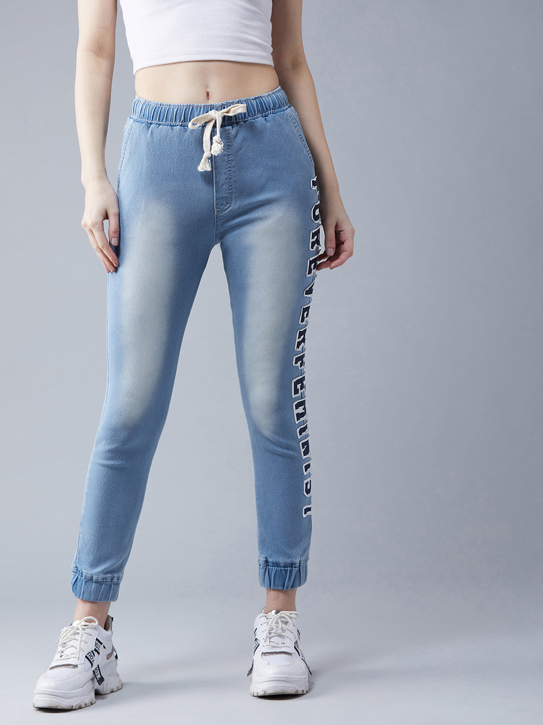 Women's Light Blue Regular Fit Mid Rise Clean Look Regular Length Stretchable Denim Jogger