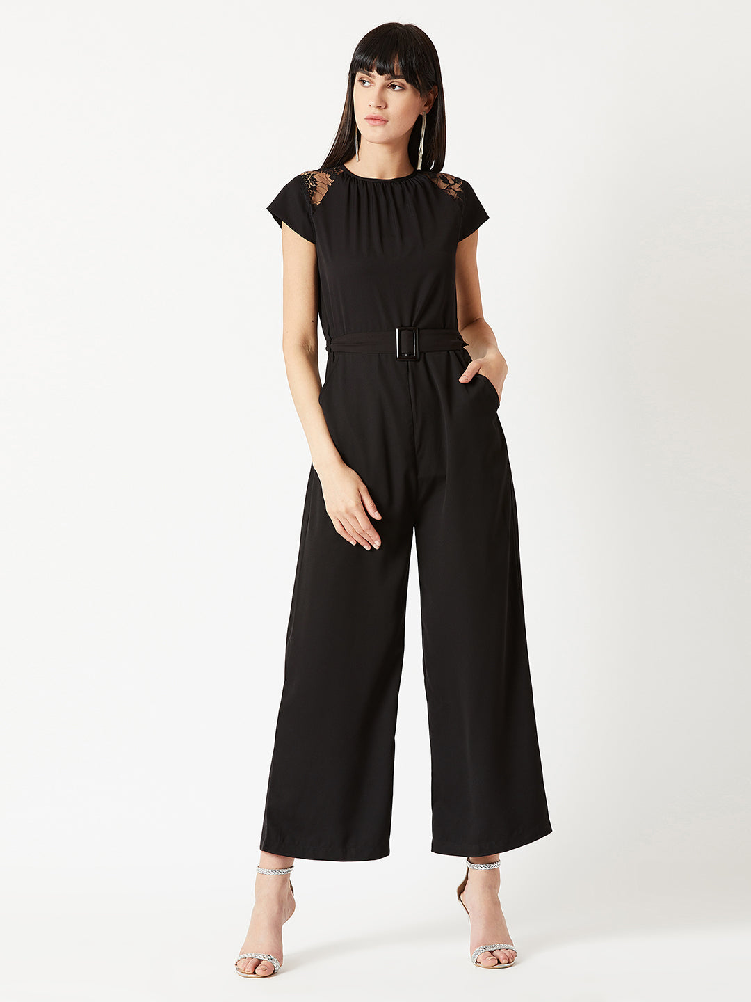 Women's Black Round Neck Cap Sleeve Solid Straight Leg Belted Maxi Jumpsuit