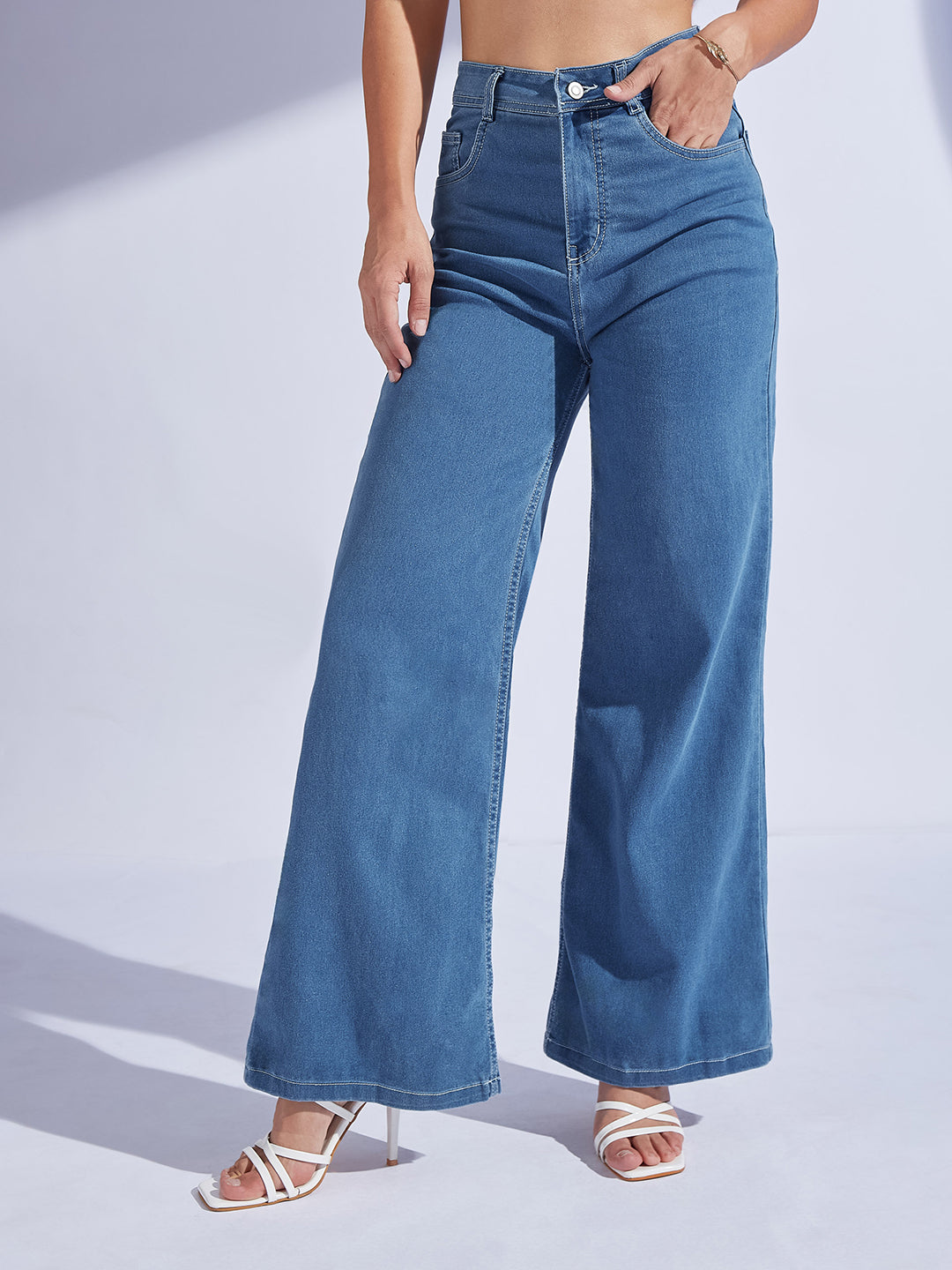 Women's Blue Wide-Leg High-Rise Regular-Length Stretchable Denim Jeans