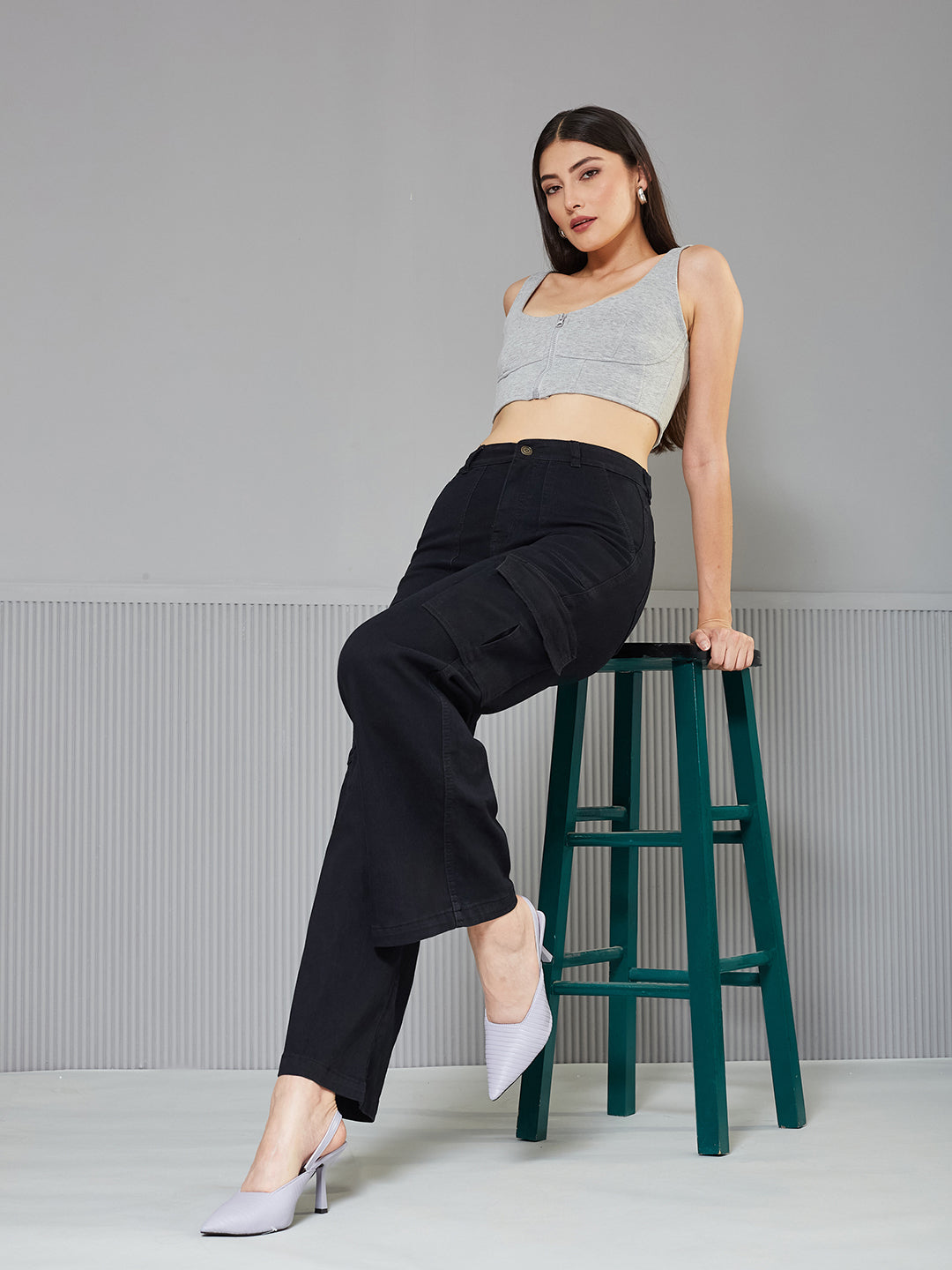 Women's Black Wide leg High-Rise clean-look Regular Stretchable Denim Jeans