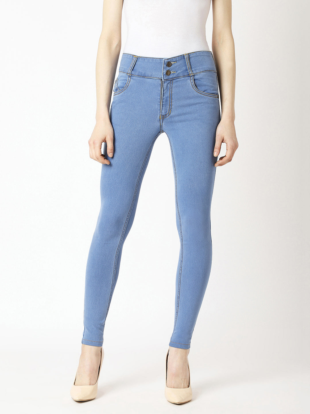 Women's Blue Skinny High Rise  Broad Waist Band  Denim Jeans