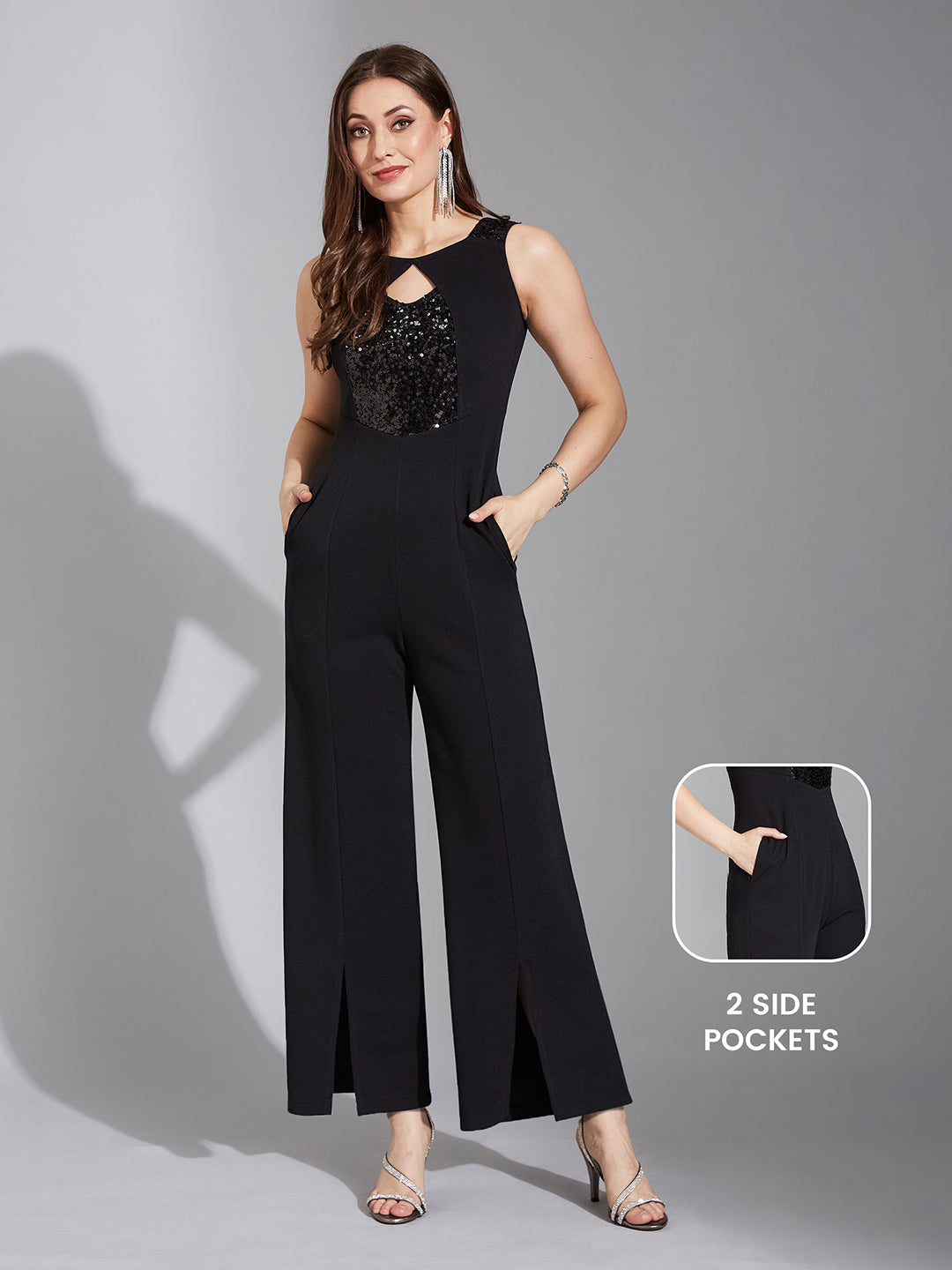 Crease Ease Women's Black Embellished Sweet-heart neck Sleeveless Side Pocketed Jumpsuit