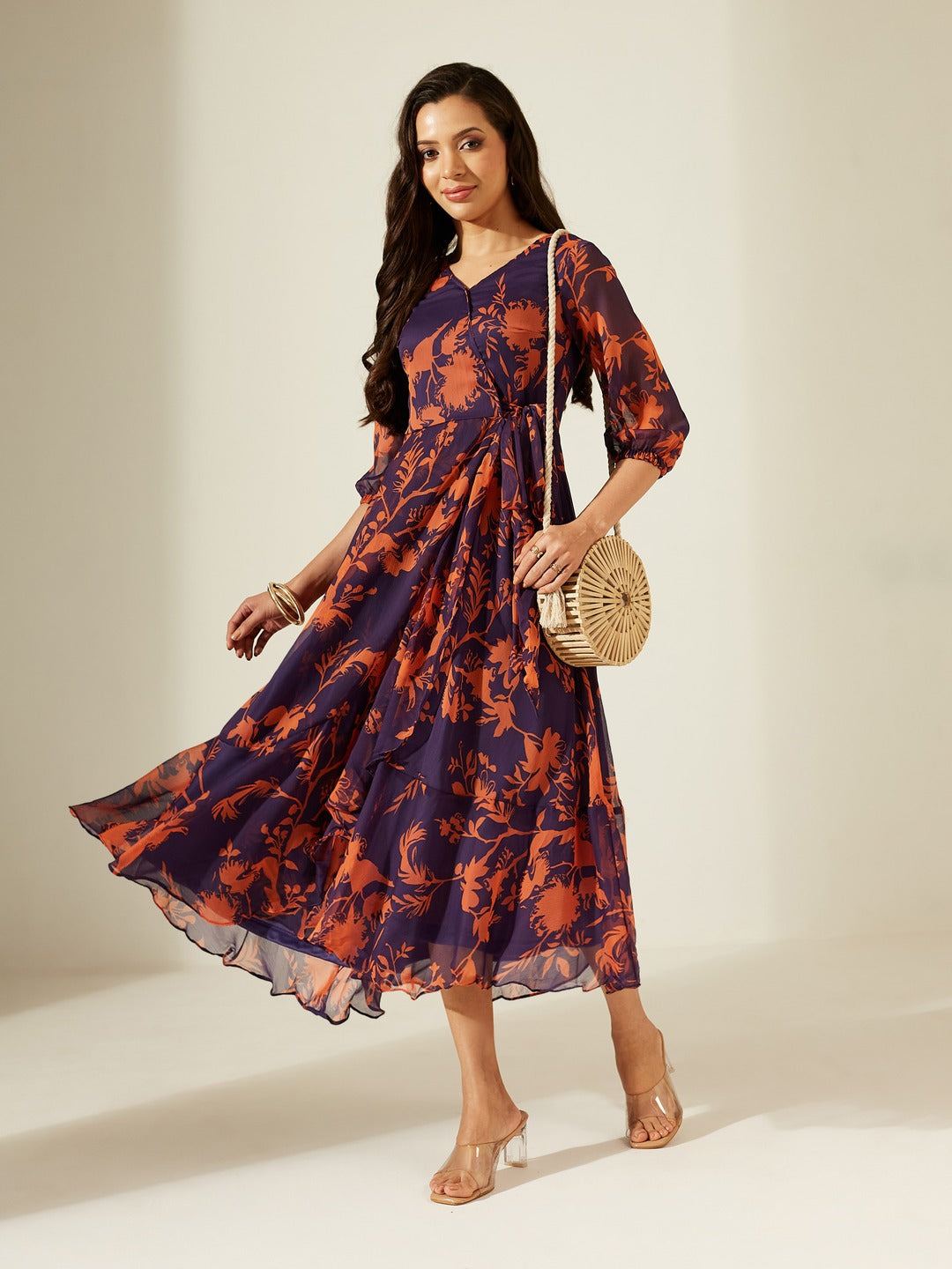 Purple V-Neck Three-Quarter Sleeve Floral Wrap Chiffon Midi Dress for Women