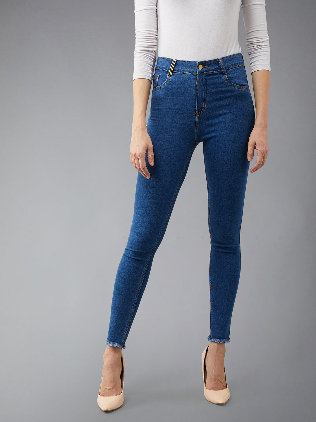 Women's Blue Skinny Fit High Rise Cropped Denim Stretchable Jeans