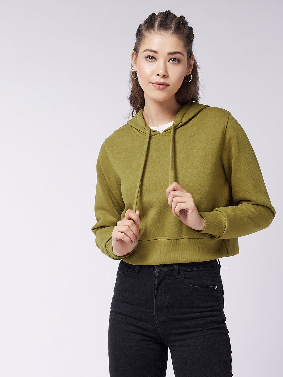 Women's Olive Round Neck Full Sleeve Solid Hooded Crop Sweatshirt