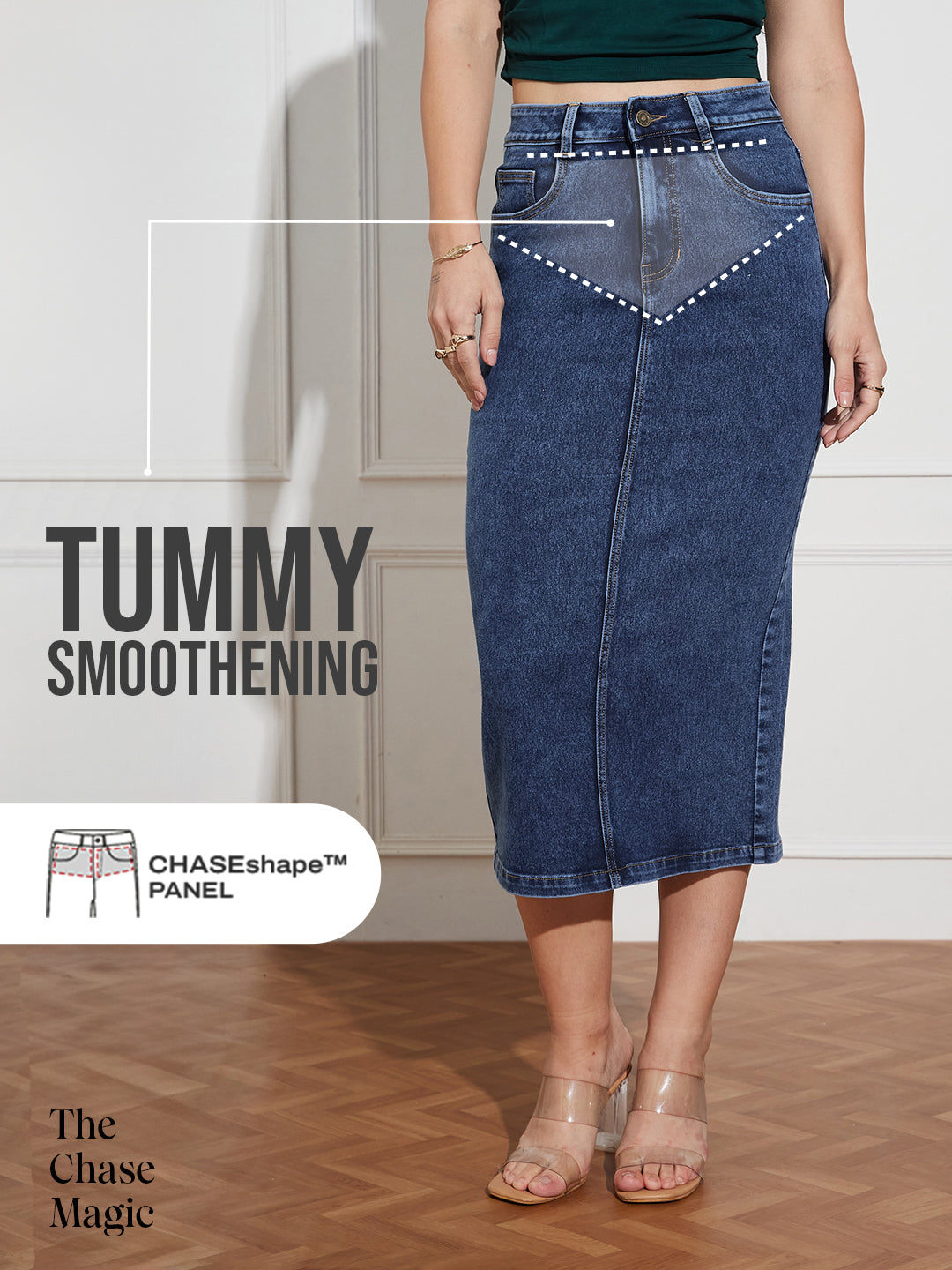 Tummy Smoothening Light-Shaping Bodycon High-Rise Dark Blue Denim Skirt