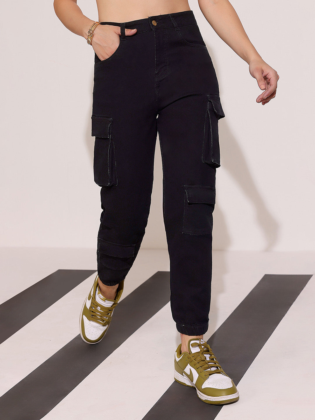 Black Regular High-Rise Clean-Look Regular Stretchable Denim Joggers for Women