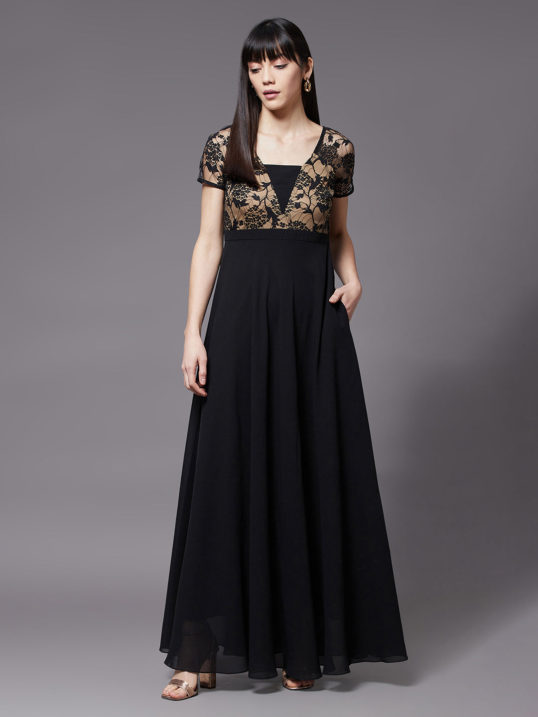 Women's Black Square Neck Raglan Short Sleeve Self Design Lace Overlaid Georgette Maxi Dress