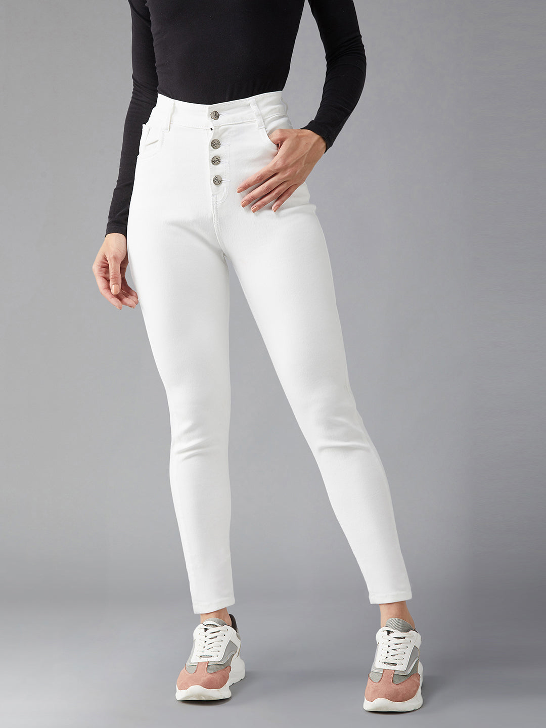 Women's White Skinny Fit High Rise Clean Look Stretchable Regular Length Bleached Denim Jeans