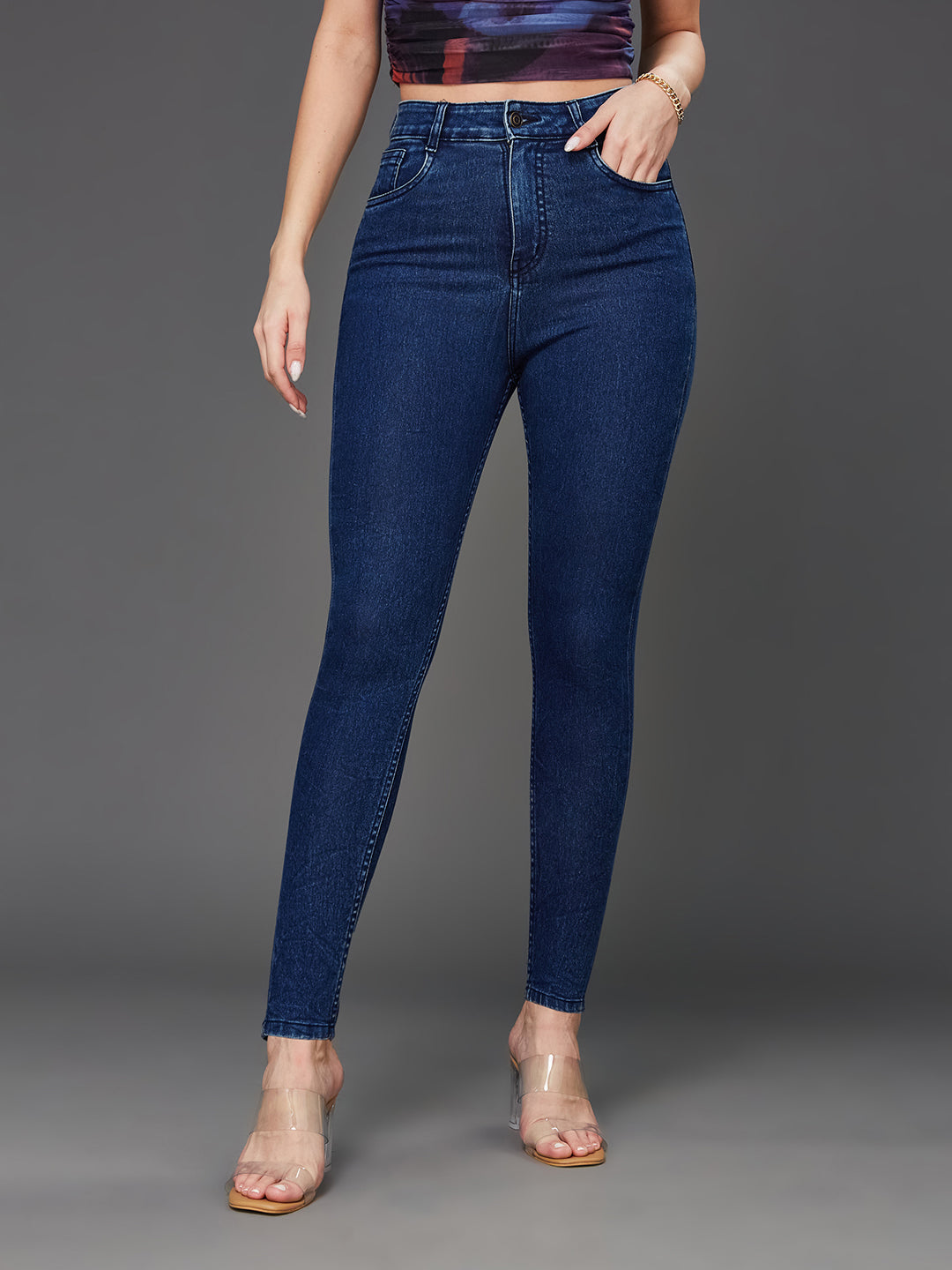 Women's Blue Skinny Fit High Rise Cropped Stretchable Denim Jeans