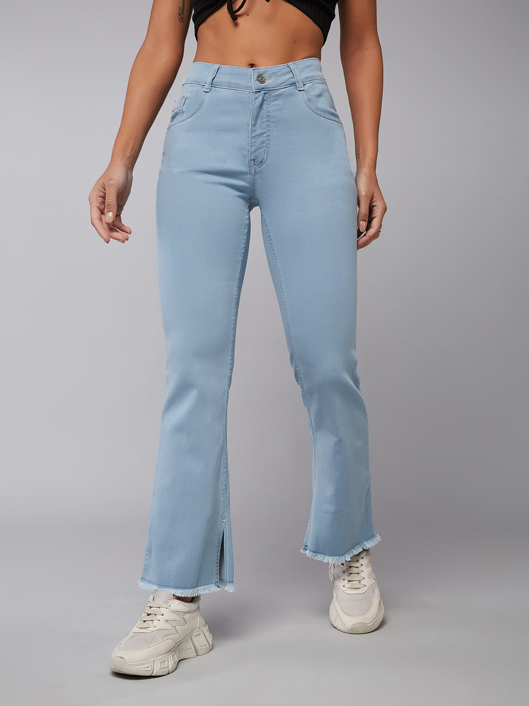 24/7 Comfort Women's Light Blue Bell Bottom Semi-Bootcut High Rise Cropped Timeless Denim Stretchable Jeans