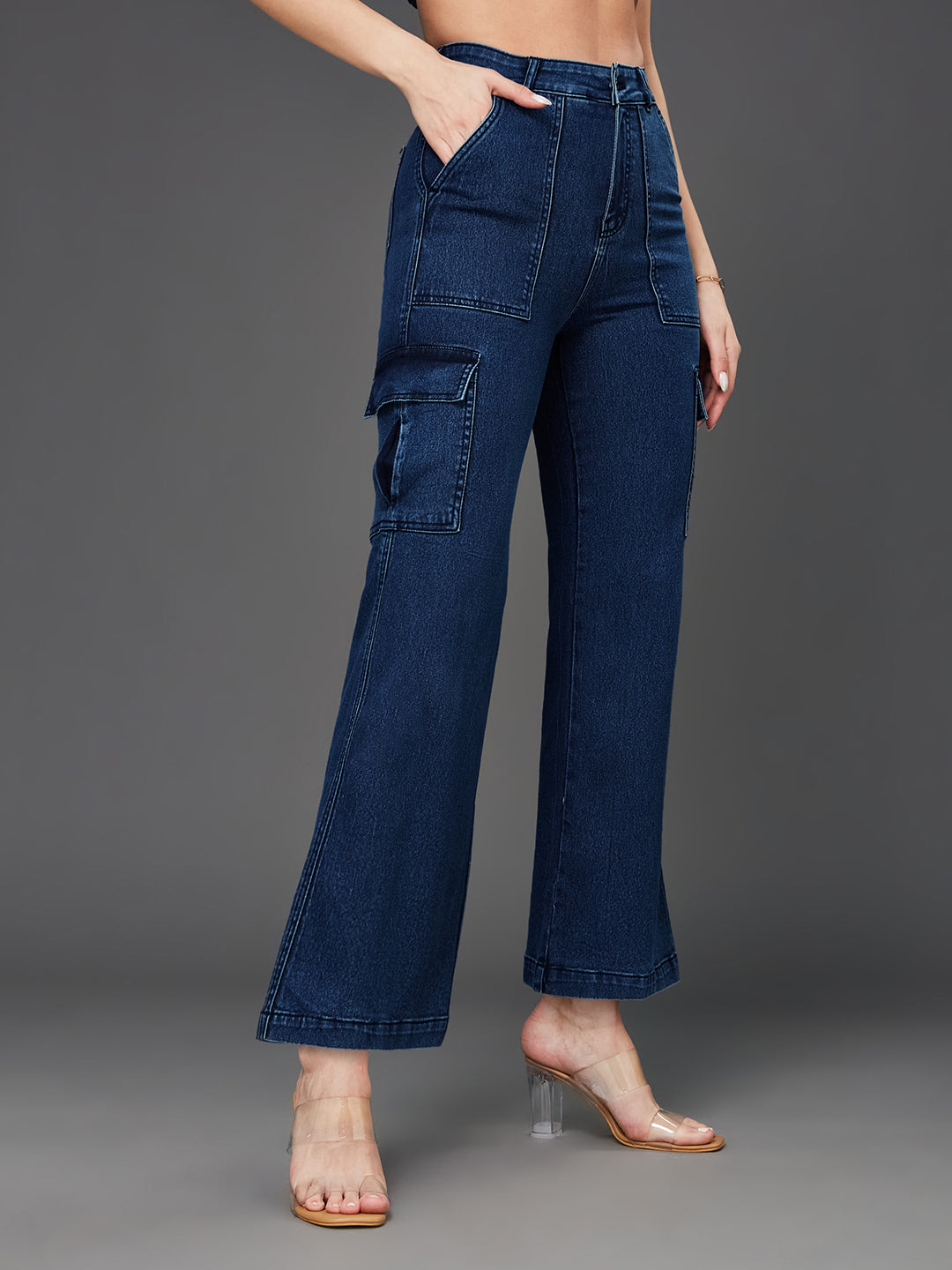 24/7 Comfort Women's Blue Wide-Leg High-Rise Clean-Look Regular-Length Stretchable Denim Cargo Jeans