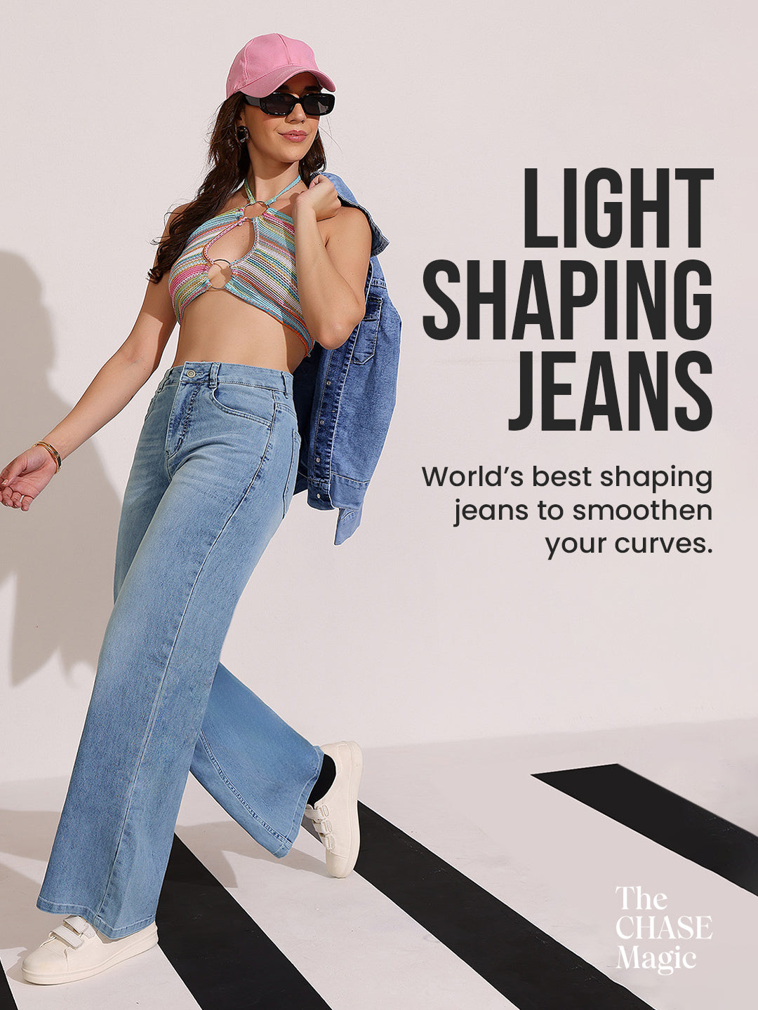 CHASEshape™ Women's Light Blue Wide-Leg High Rise Clean Look Regular Length Stretchable Shaping Denim Jeans