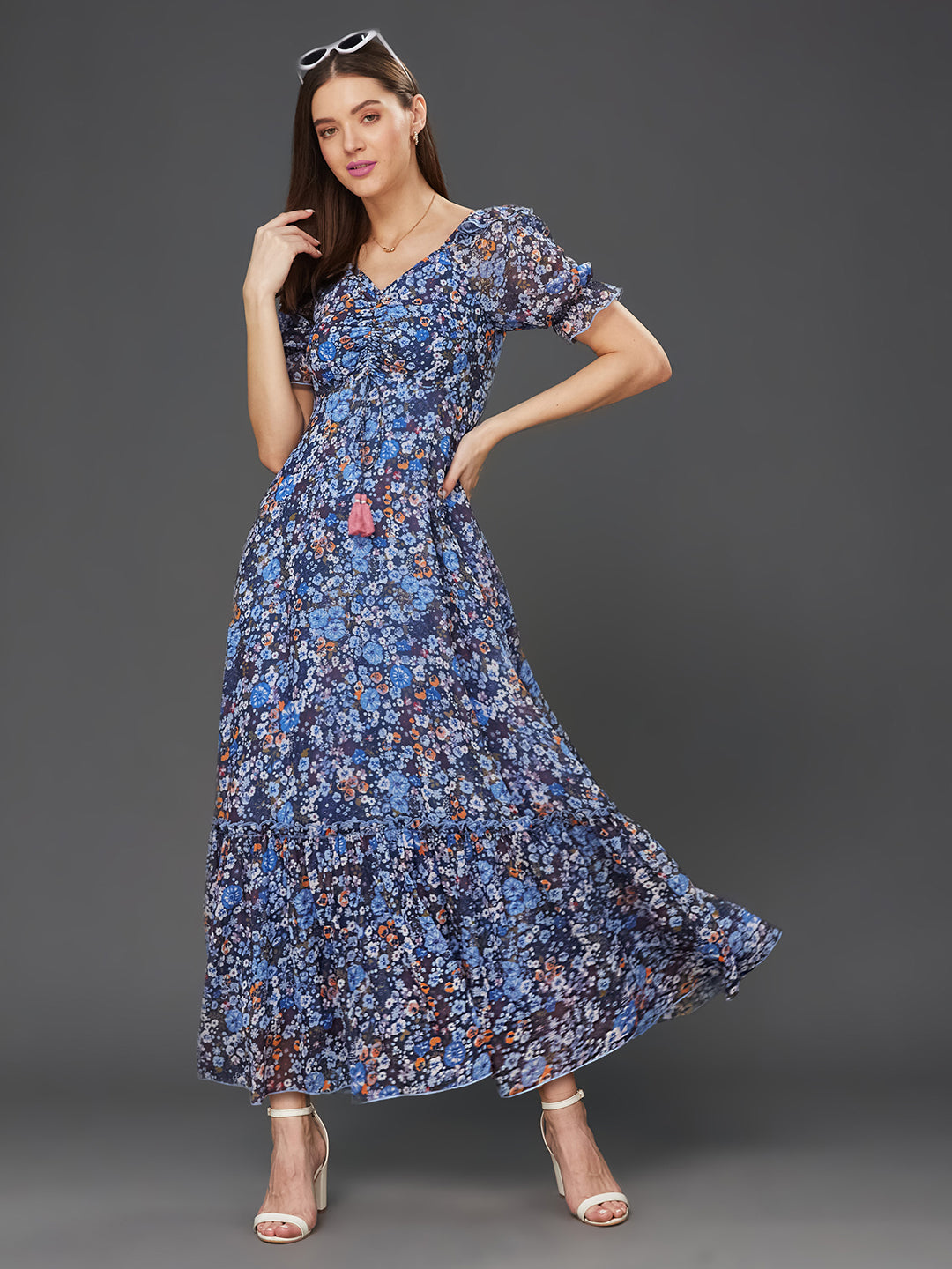 Women's Multicolored-Base-Navy Blue V-Neck Puff Sleeve Floral Ruching Ankle-Length Dress