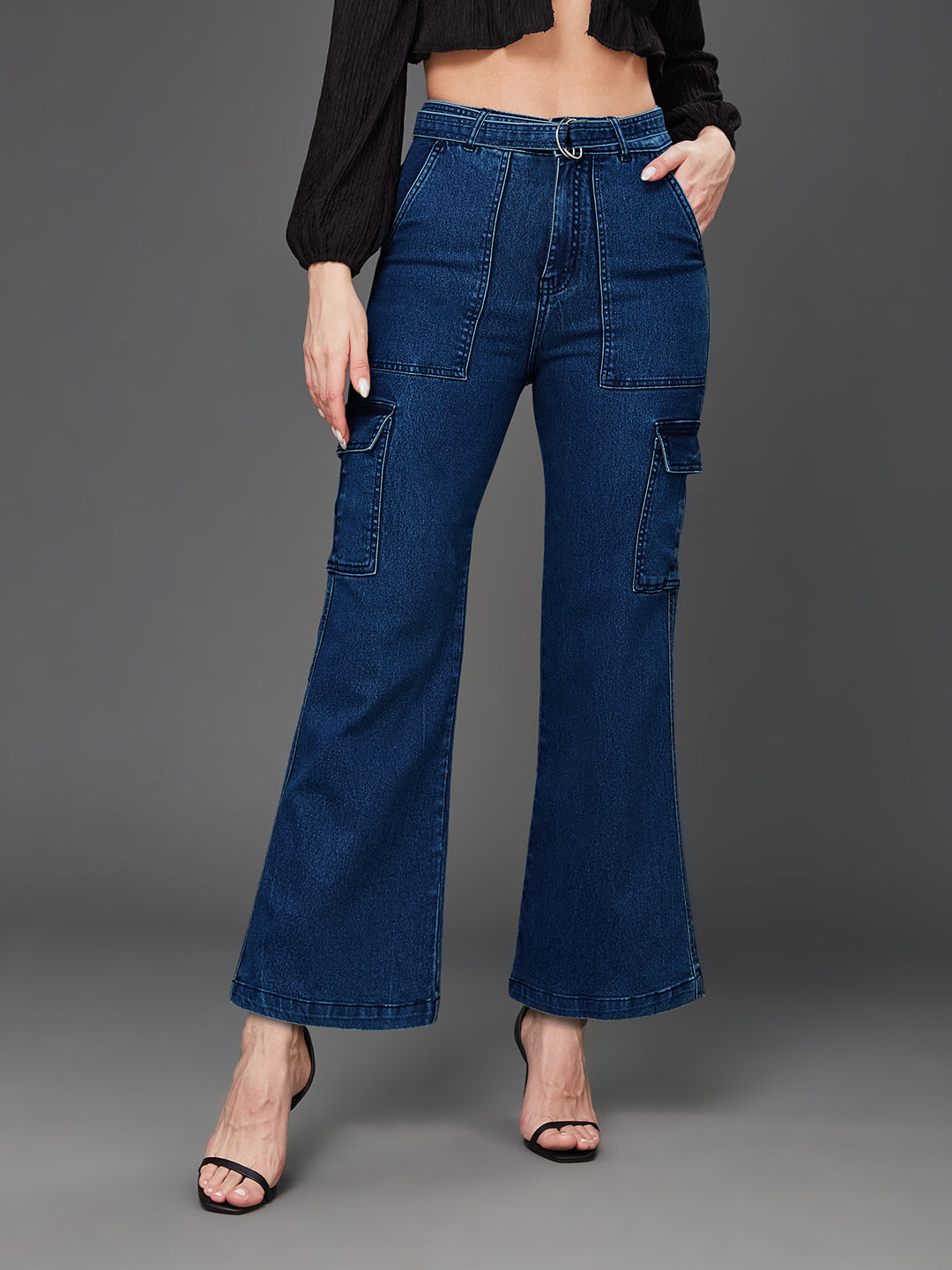 24/7 Comfort Women's Blue Wide Leg High Rise Clean Look Regular Length Stretchable Cargo Denim Jeans