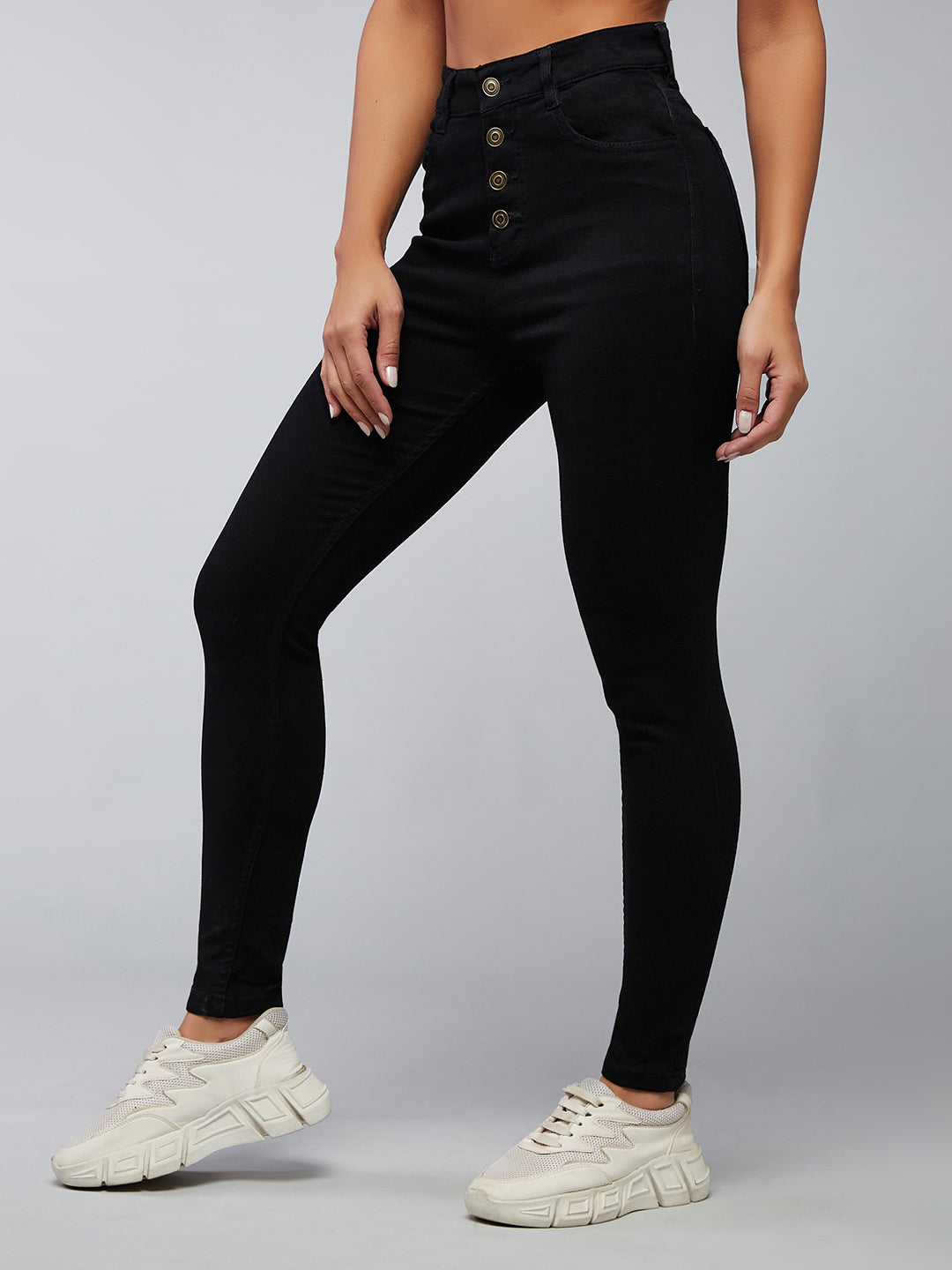 Women's Black Skinny Fit High Rise Clean Look Regular Stretchable Denim Jeans