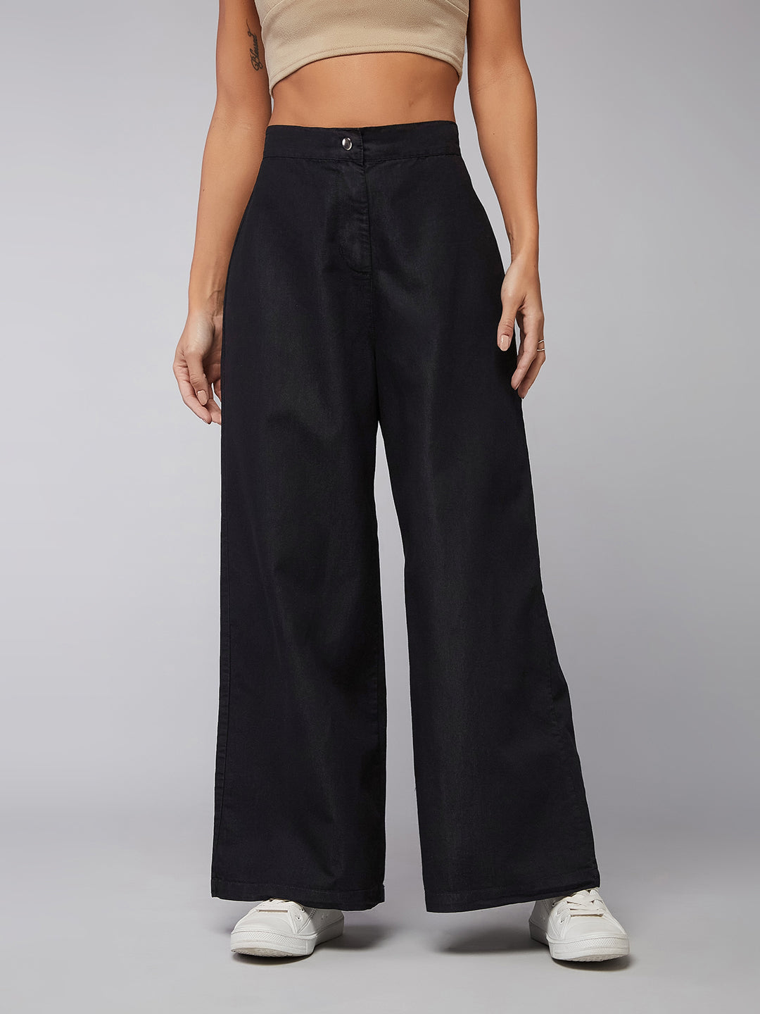 Women's Black Wide-Leg High Rise Light Weight Clean Look Regular Length Light Weight Denim Pants