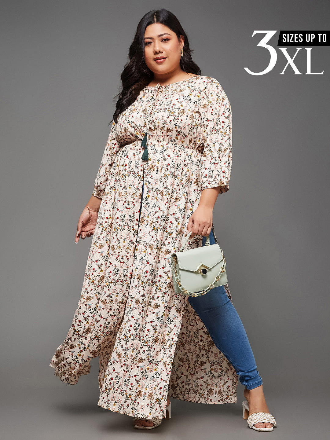 Multicolored Round Neck 3/4 Sleeve Floral Tie-Up Tassel Detailing Front Slit Maxi Top for Women