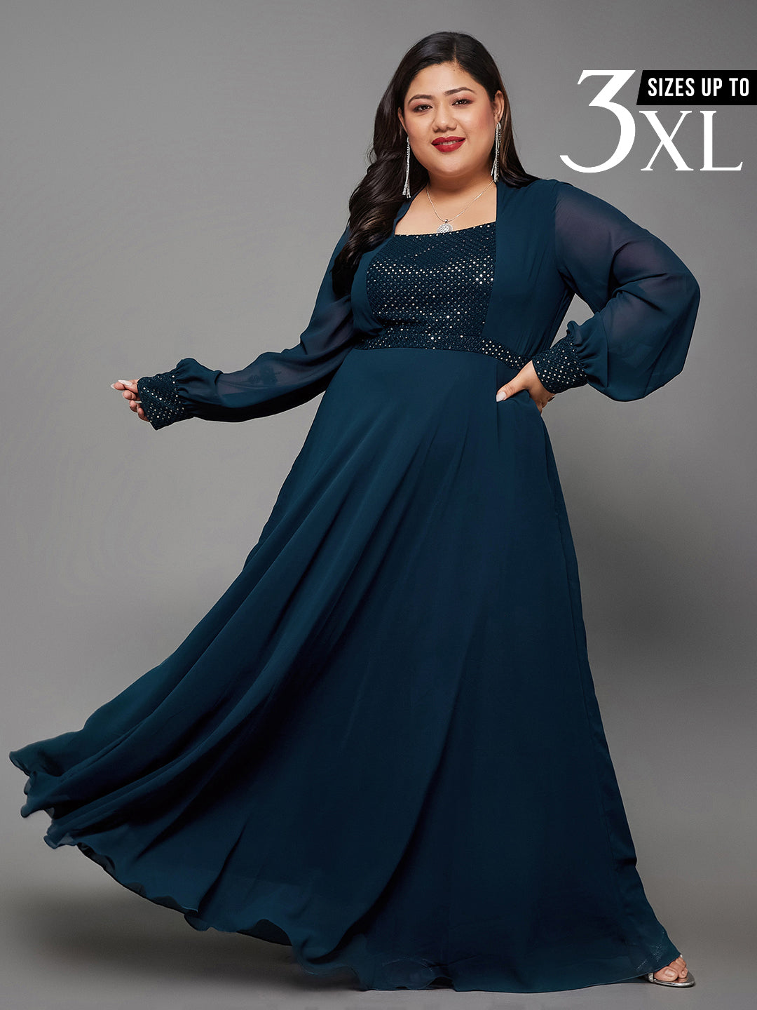 Teal Mandarin-Collar Bishop Sleeve Embellished Panelled Georgette Maxi Dress for Women