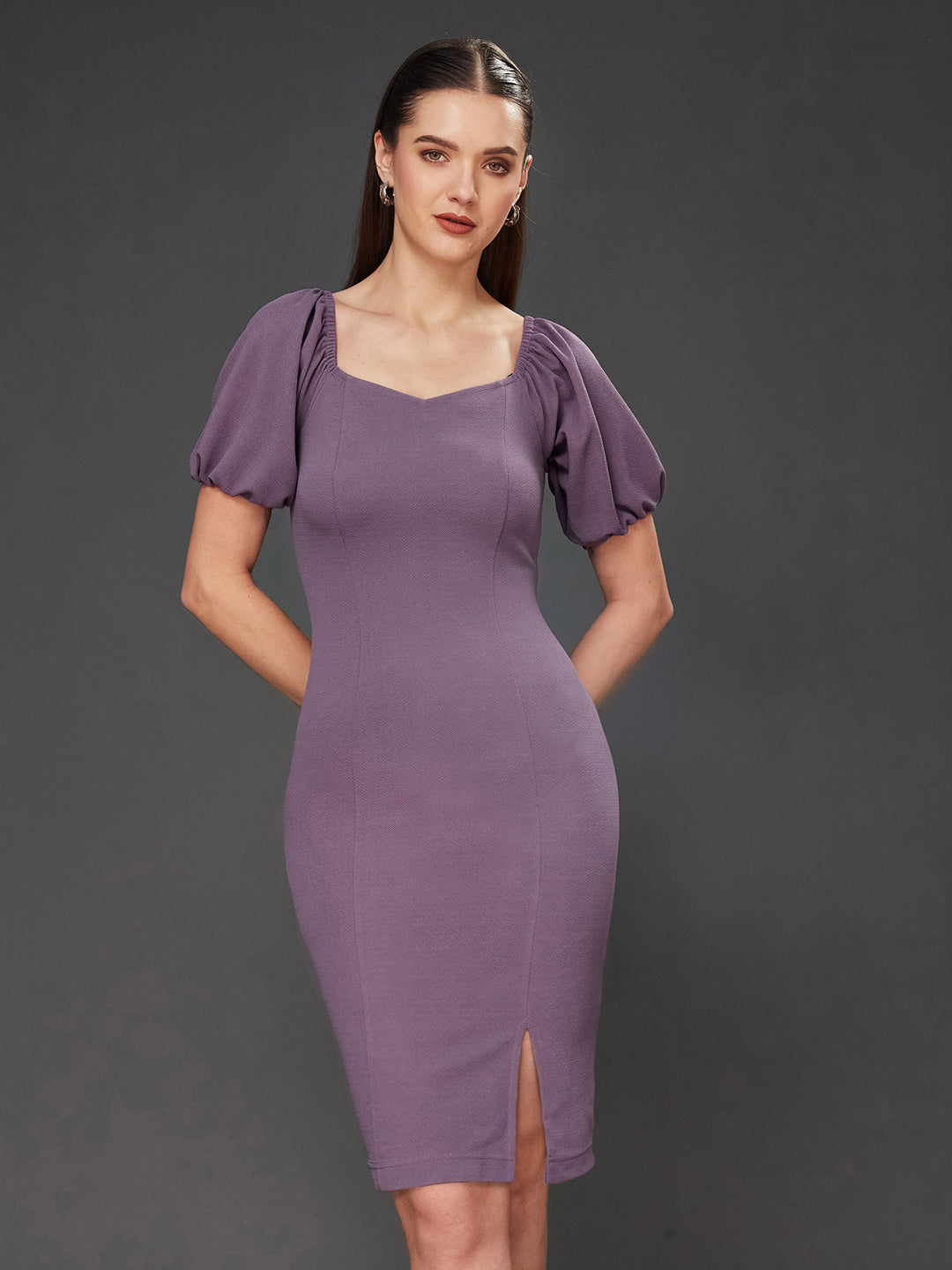 Crease Ease Women's Dark Lavender Solid Bodycon V-Neck Half Sleeve Slim Fit Knee-Long Dress