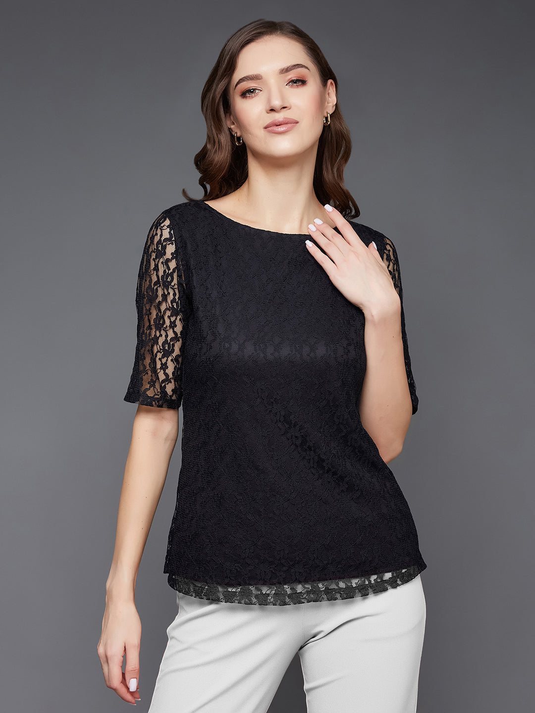 Women's Black Round Neck Half Sleeves Basic Lace Crop Top