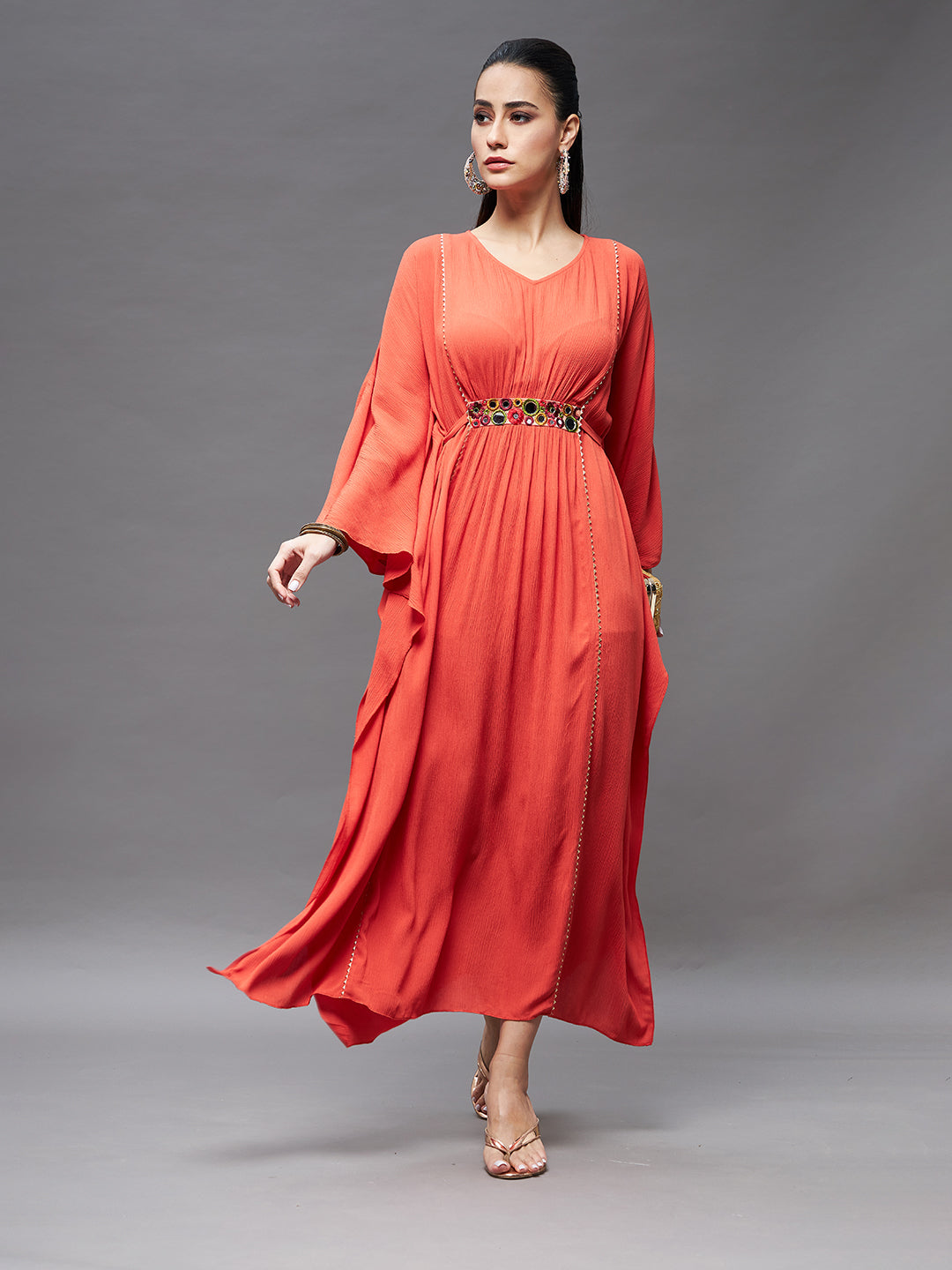 Women's Rust Orange V-Neck Kimono Sleeve Embellished Waist Tie-Up Ankle Length Kaftan Dress