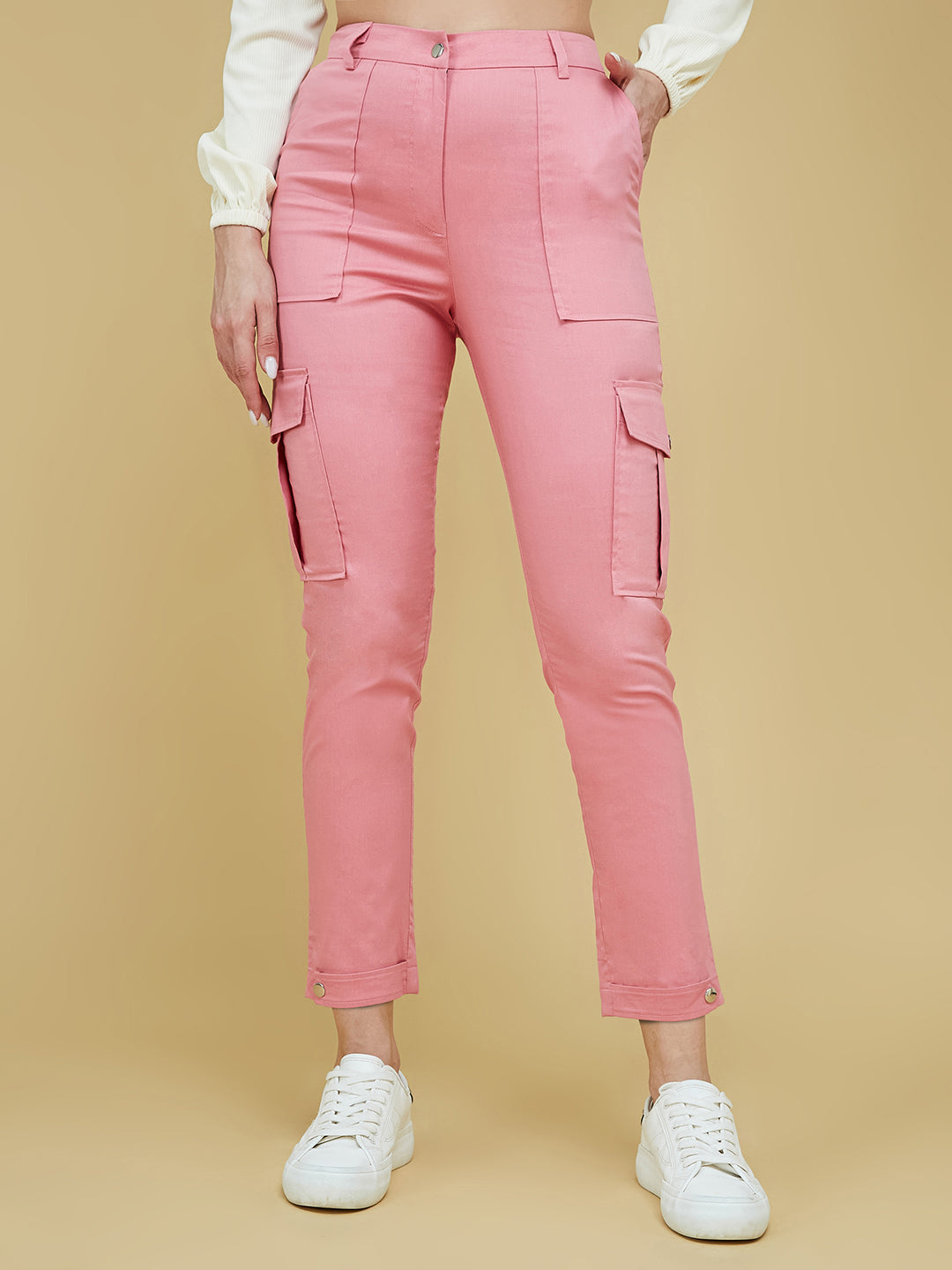 Women's Pink Solid Polyester High Waist Regular Length Trouser