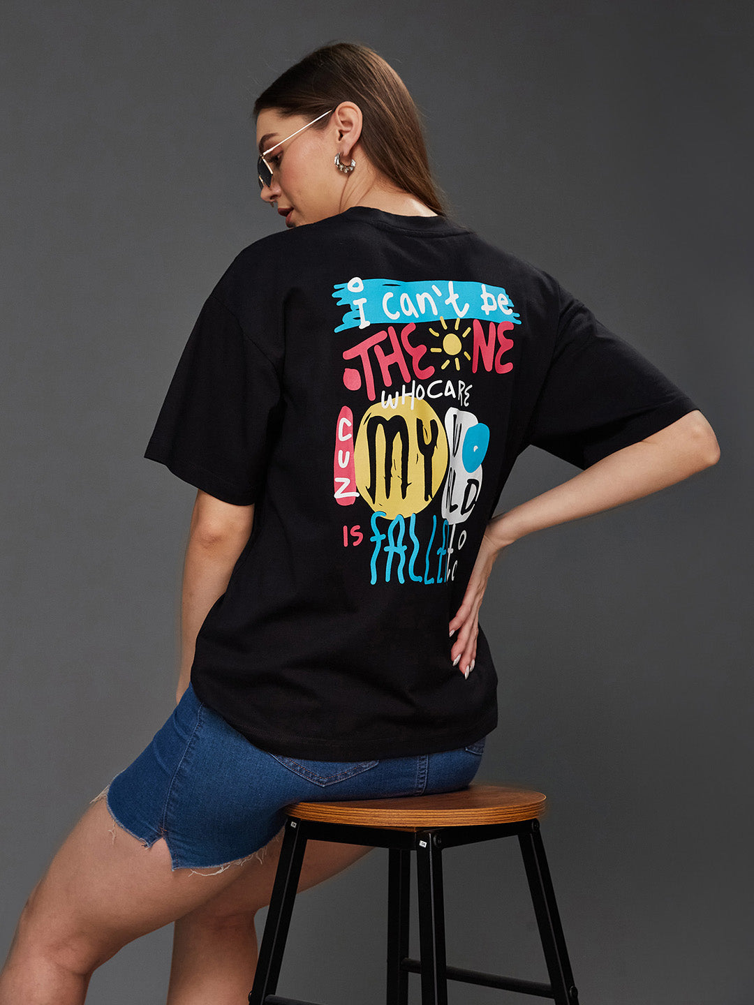 Women's Black Round Neck Half-Sleeve Conversational-Printed Regular-Length Oversized Cotton T-Shirt