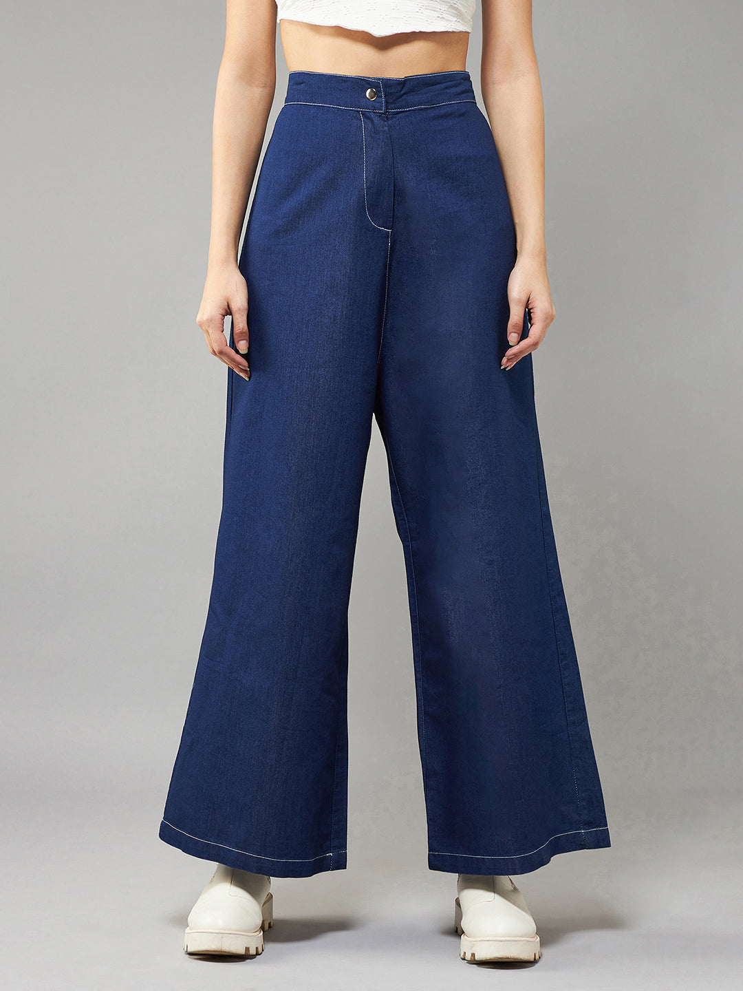 Women's Navy Blue Wide-Leg High Rise Light Weight Clean Look Regular Length Denim Pants