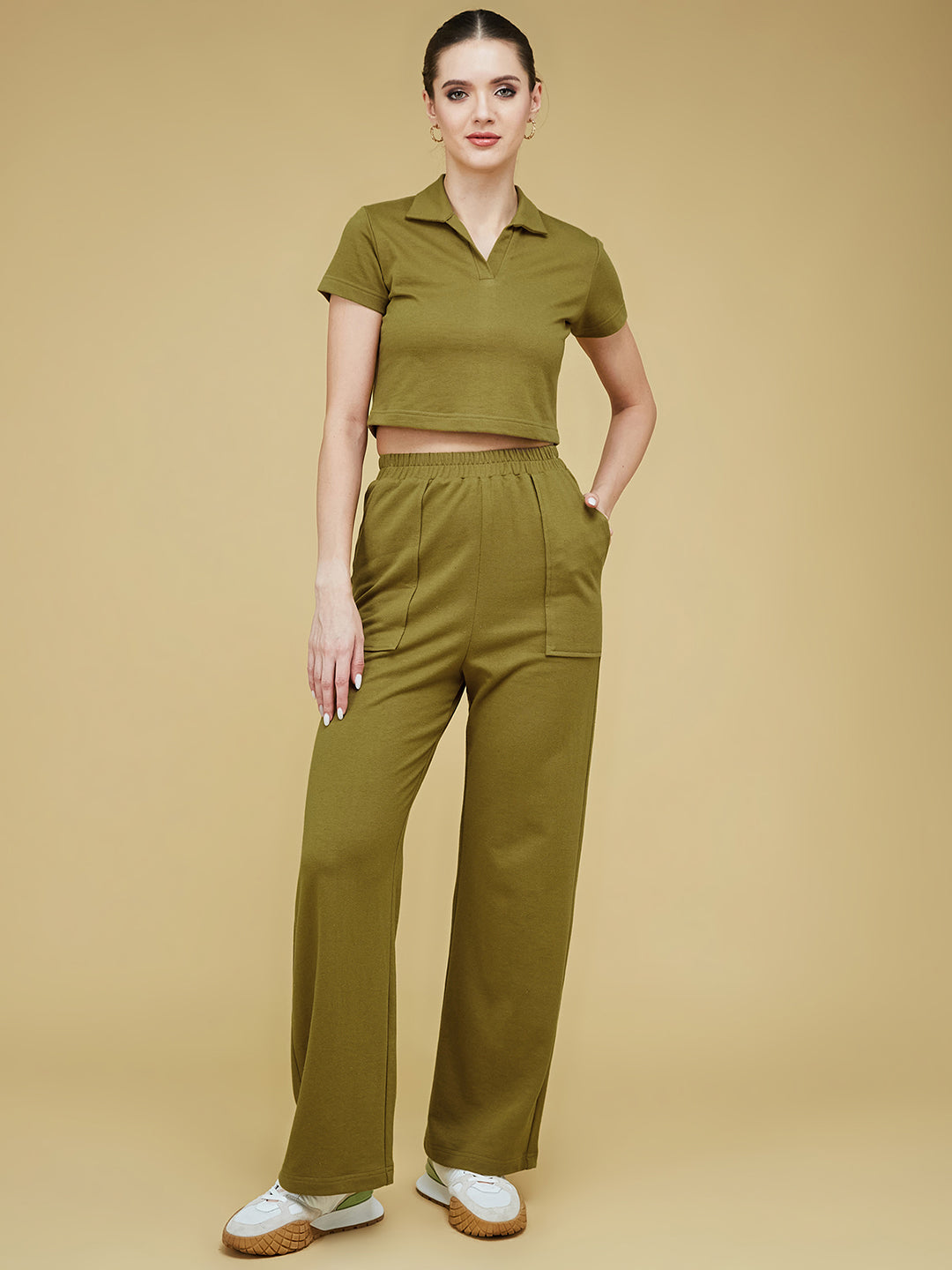 Women'S Olive Green Shirt Collar Short Sleeve Solid Regular-Length Cotton Sporty Co-Ord Set