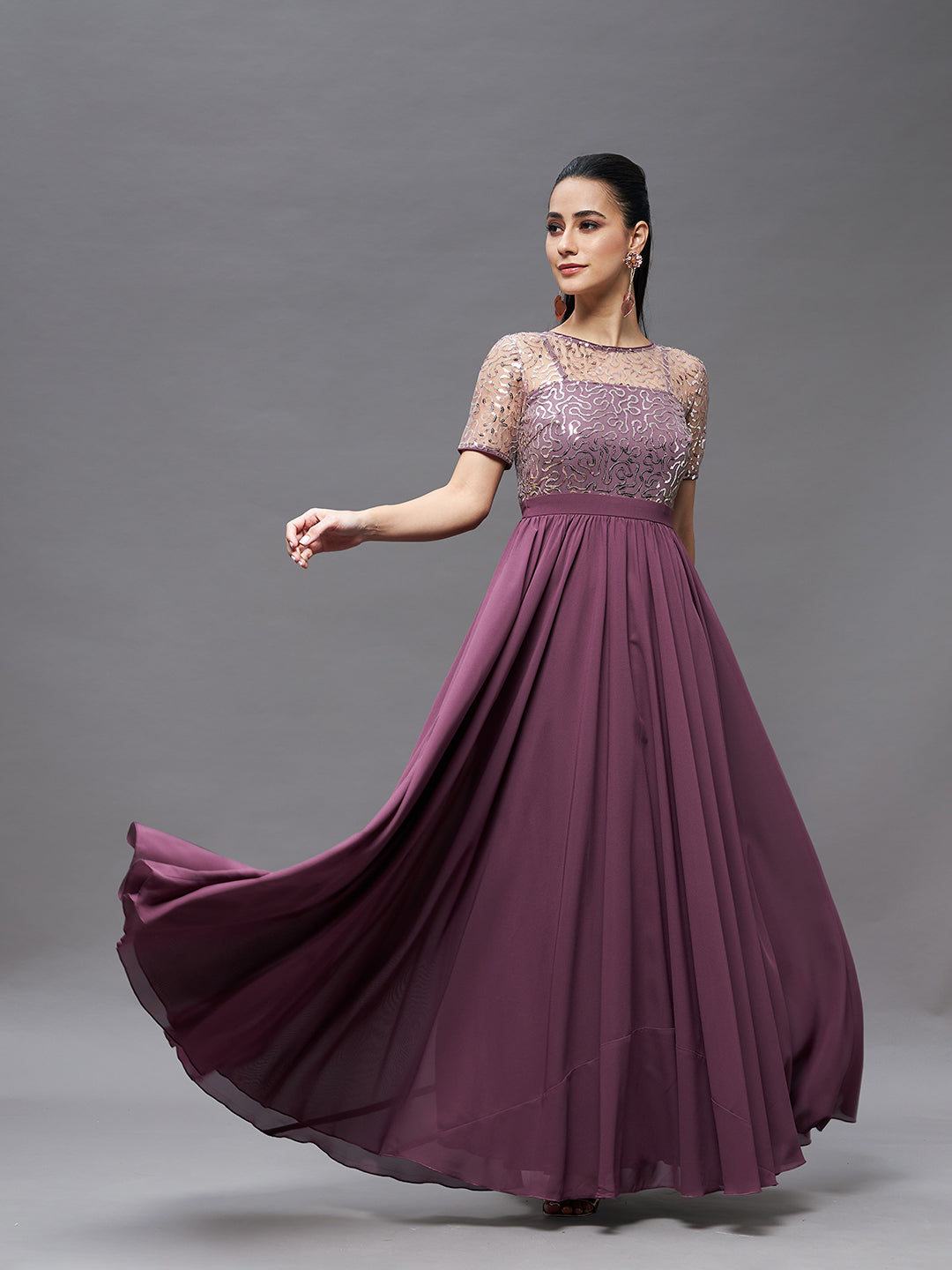 Women's Mauve Relaxed Fit Maxi Georgette & Sequins Dress