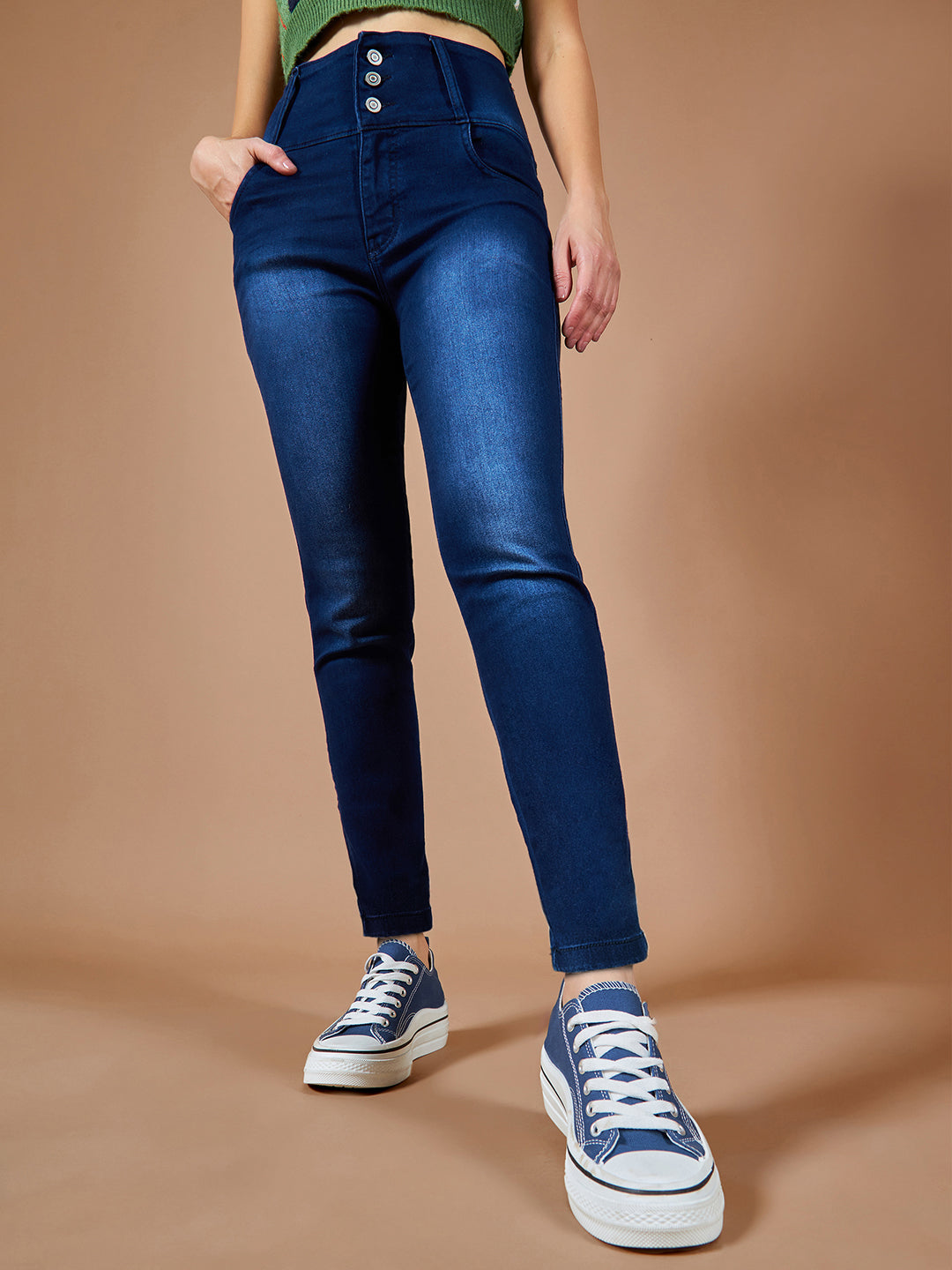 Women's Navy Blue Skinny Fit High Rise Clean Look Regular Length Stretchable High Waist Denim Jeans